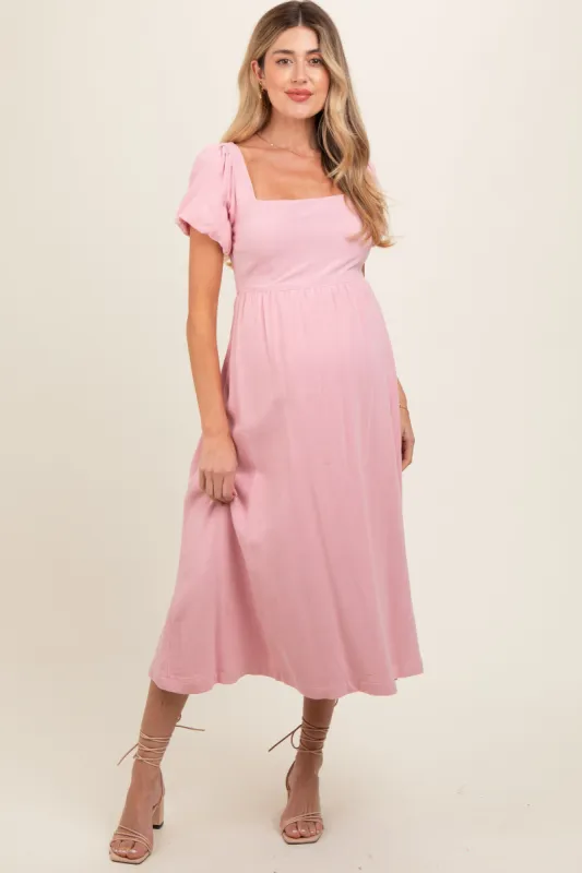 Pink Puff Sleeve Linen Maternity Midi Dress sold by Pinkblush