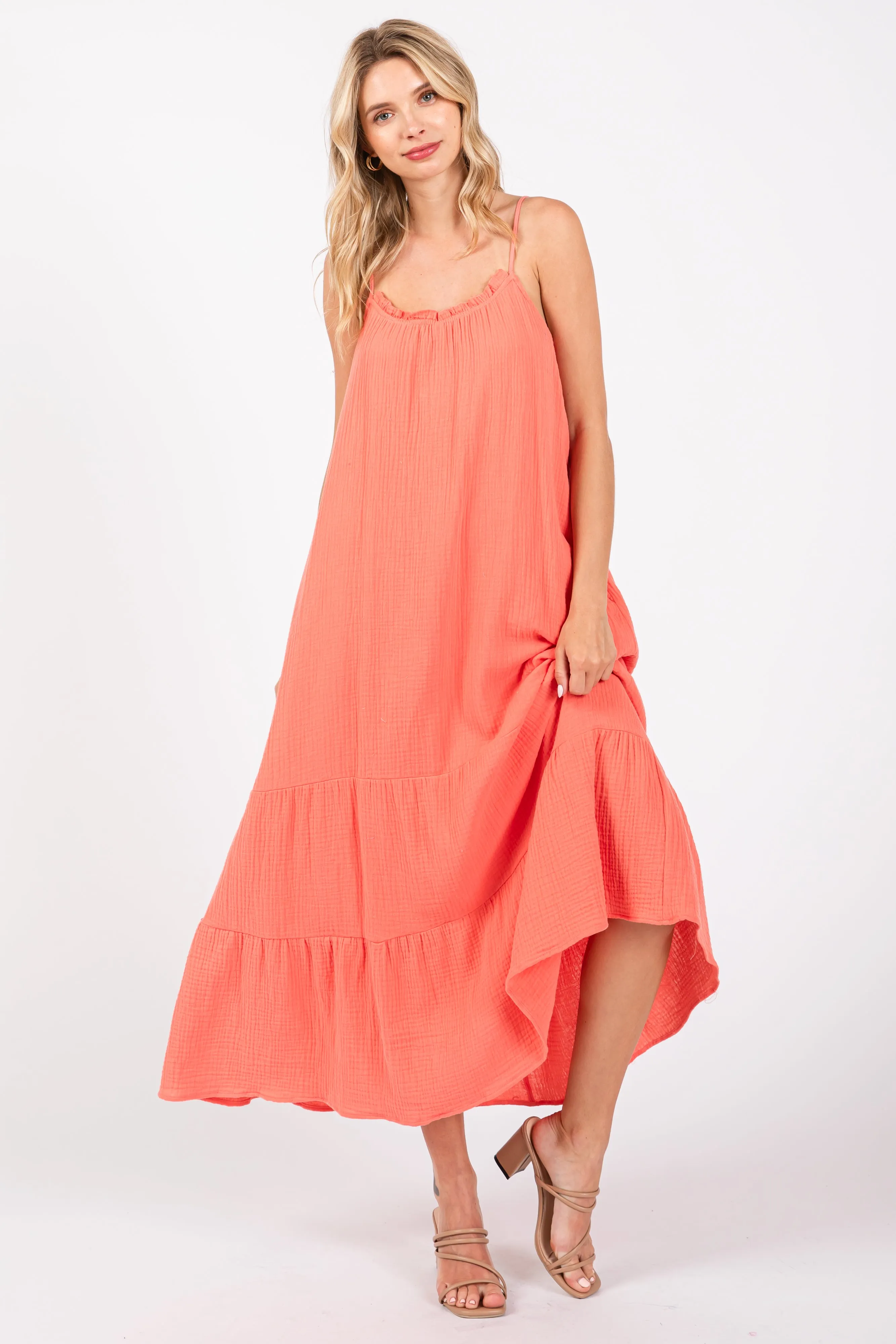 Coral Tiered Hem Midi Dress sold by Pinkblush product image thumbnail 5