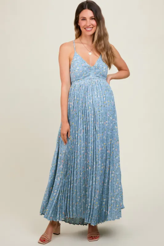 Blue Floral Pleated Back Cutout Maternity Maxi Dress sold by Pinkblush
