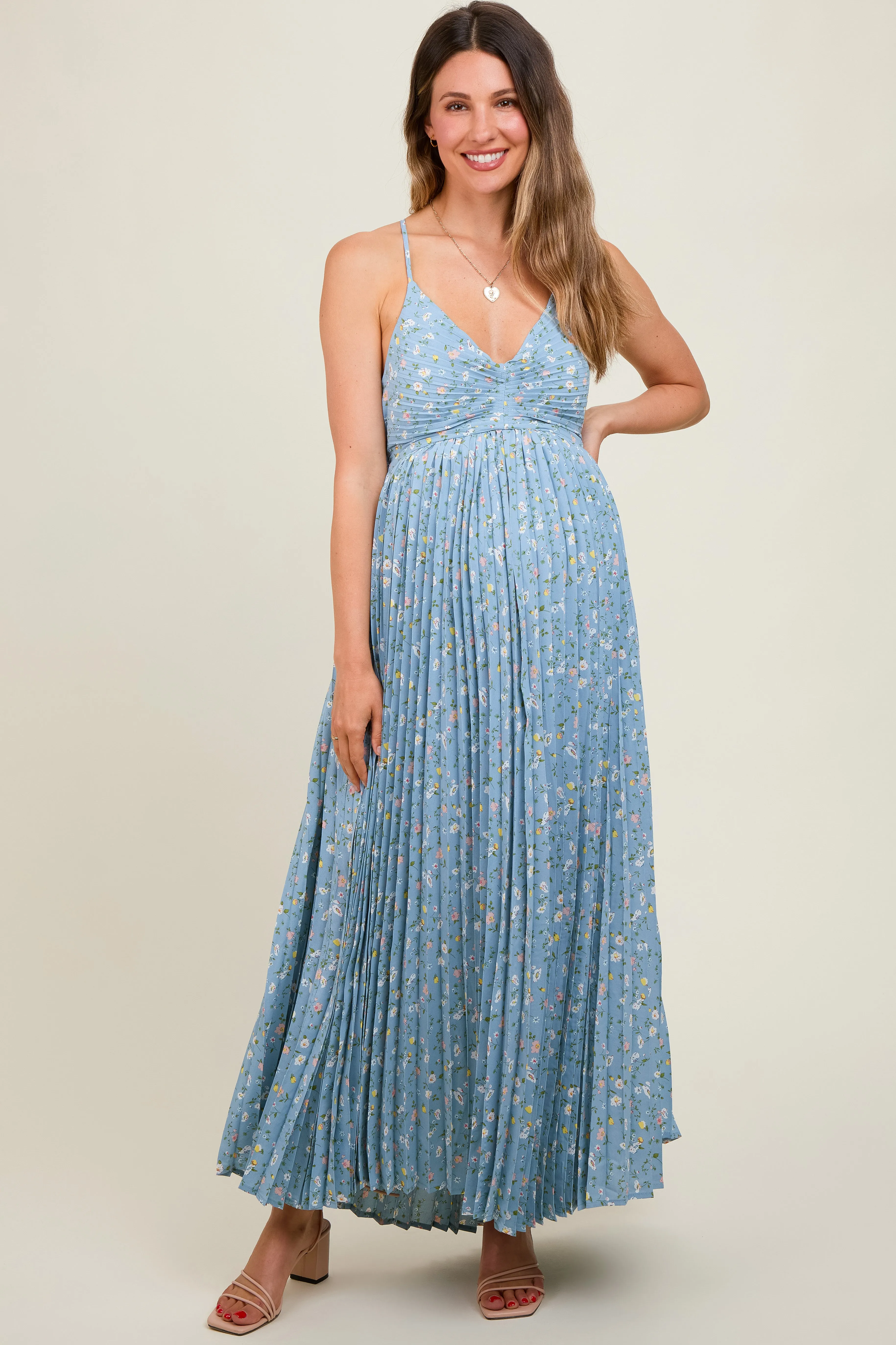 Blue Floral Pleated Back Cutout Maternity Maxi Dress sold by Pinkblush