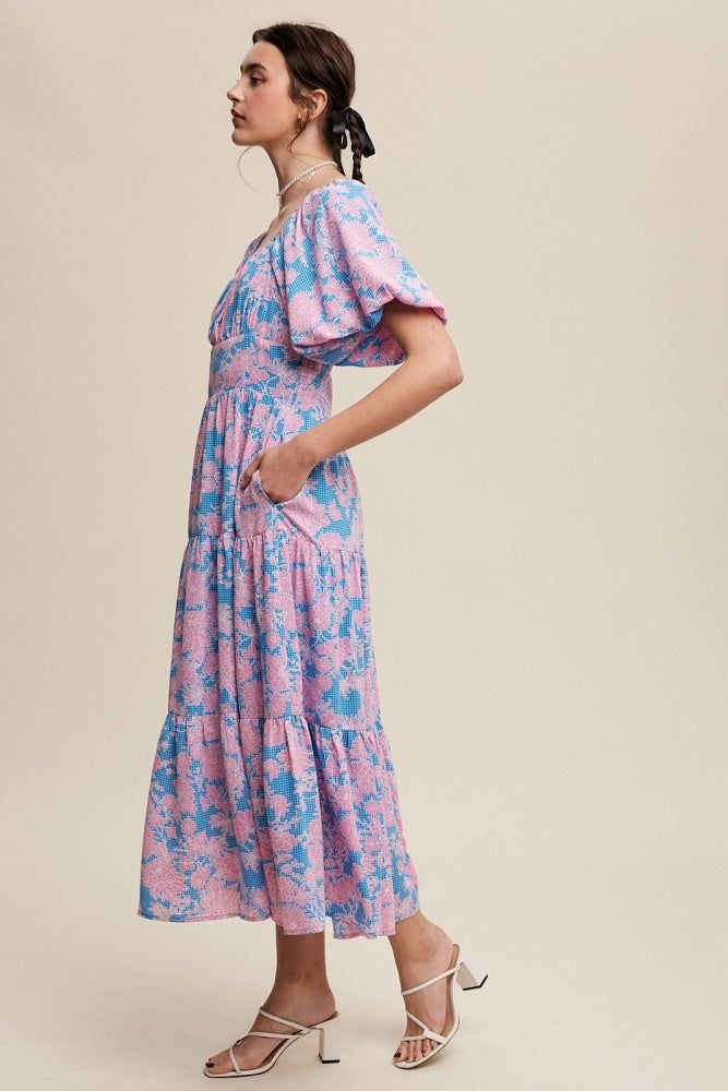 Blue Flower Print Puff Sleeve Tiered Maxi Dress sold by Pinkblush product image thumbnail 2