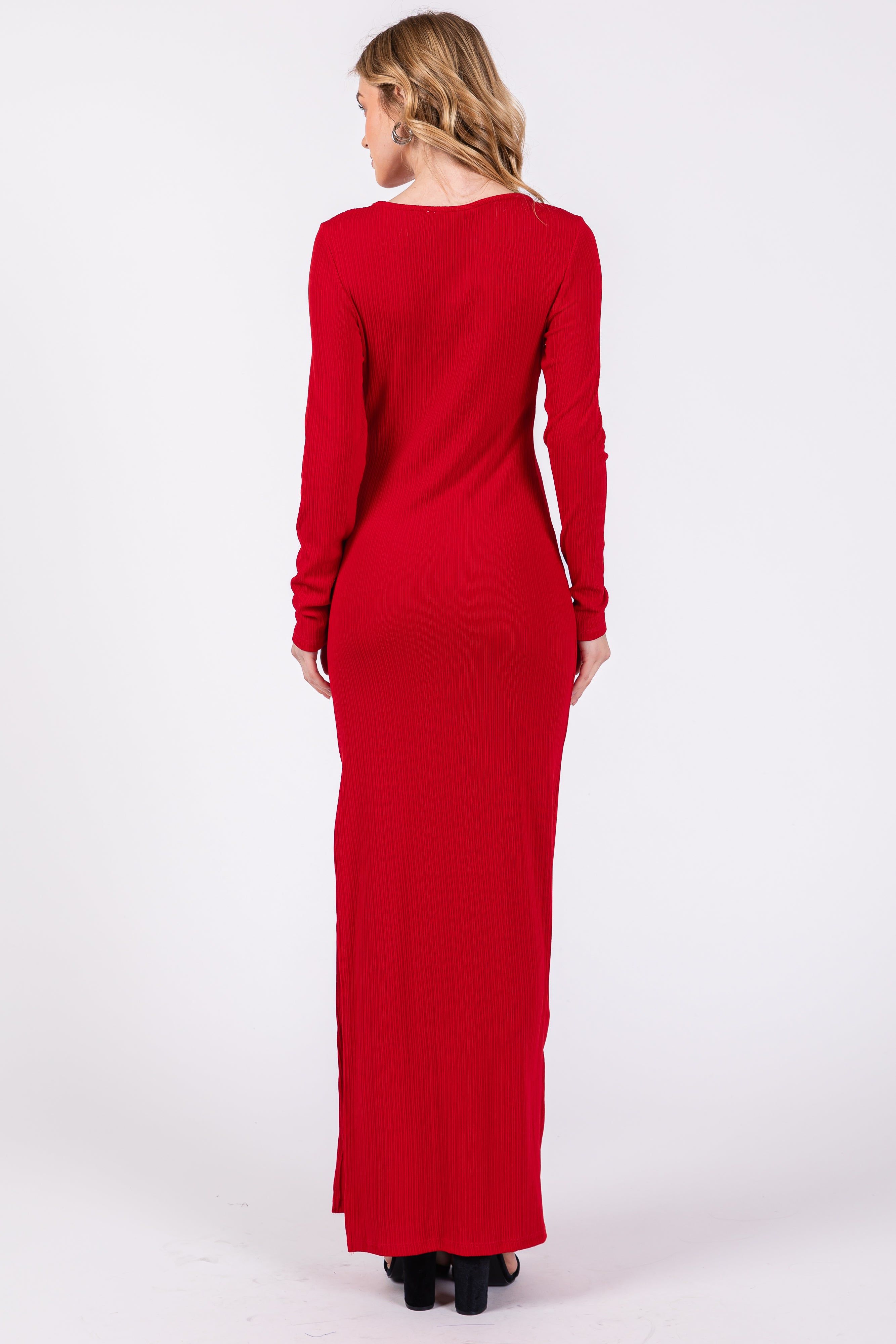 Red Ribbed Long Sleeve Side Slit Maxi Dress sold by Pinkblush product image thumbnail 3