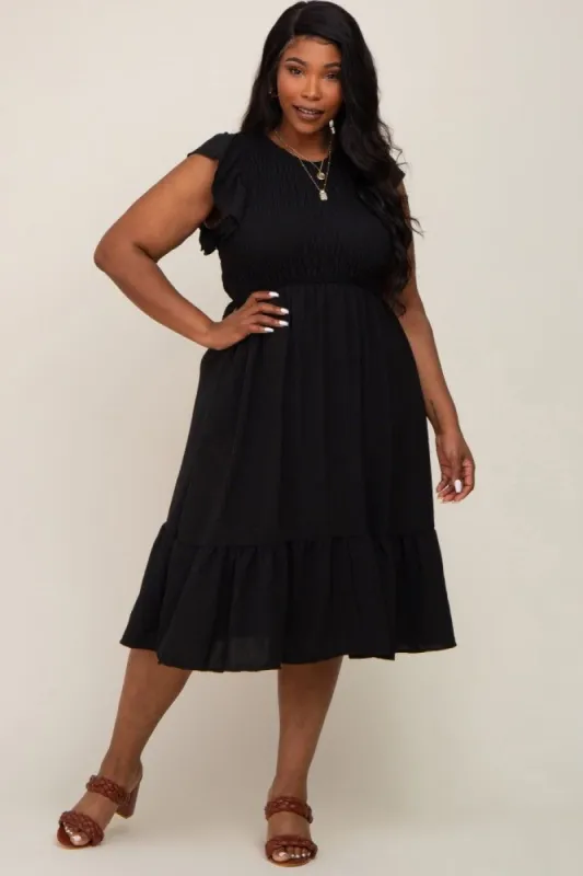 Black Smocked Layered Ruffle Flutter Sleeve Plus Midi Dress sold by Pinkblush