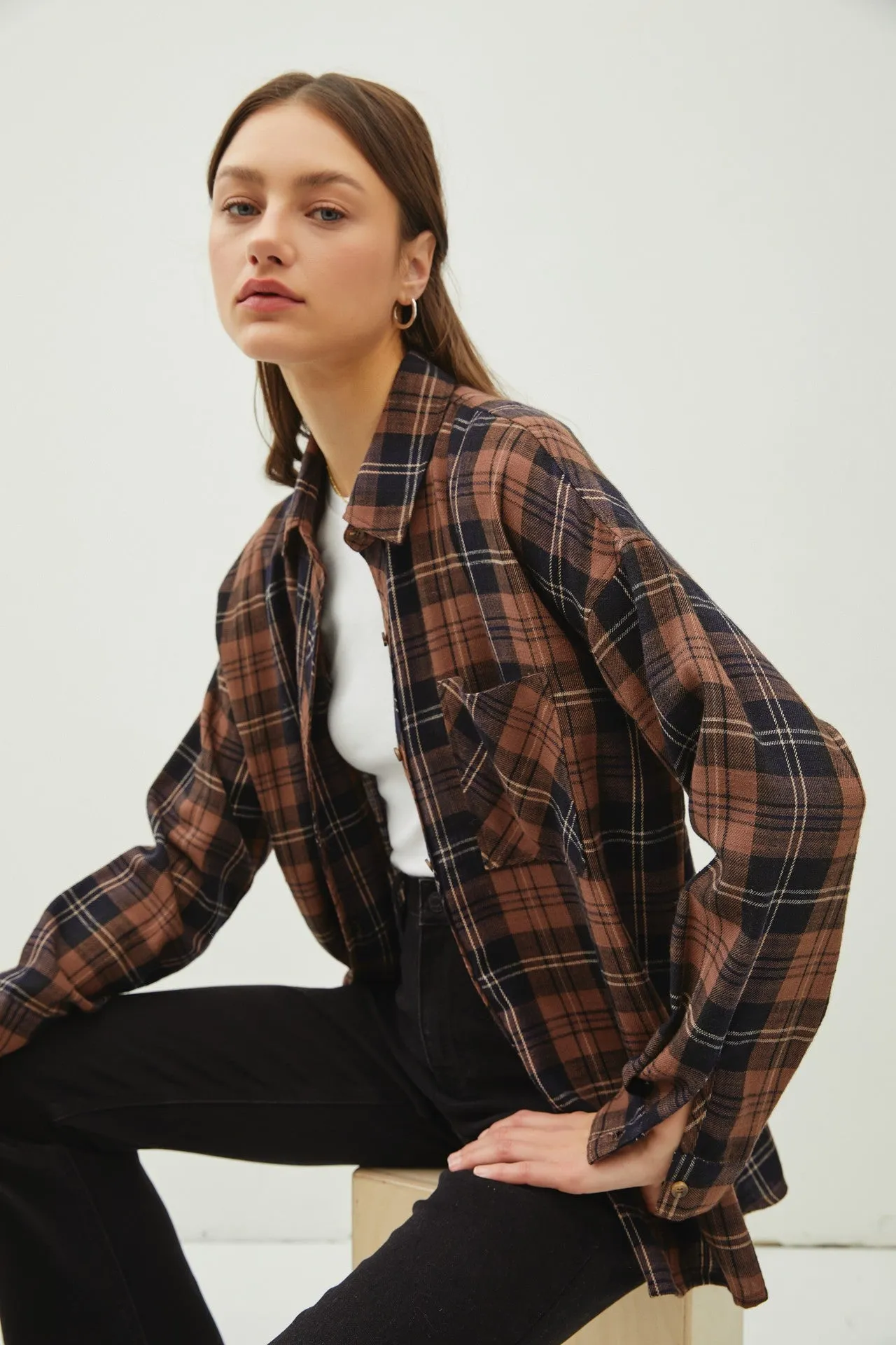Brown Plaid Flannel Long Sleeve Button Down sold by Pinkblush product image thumbnail 3