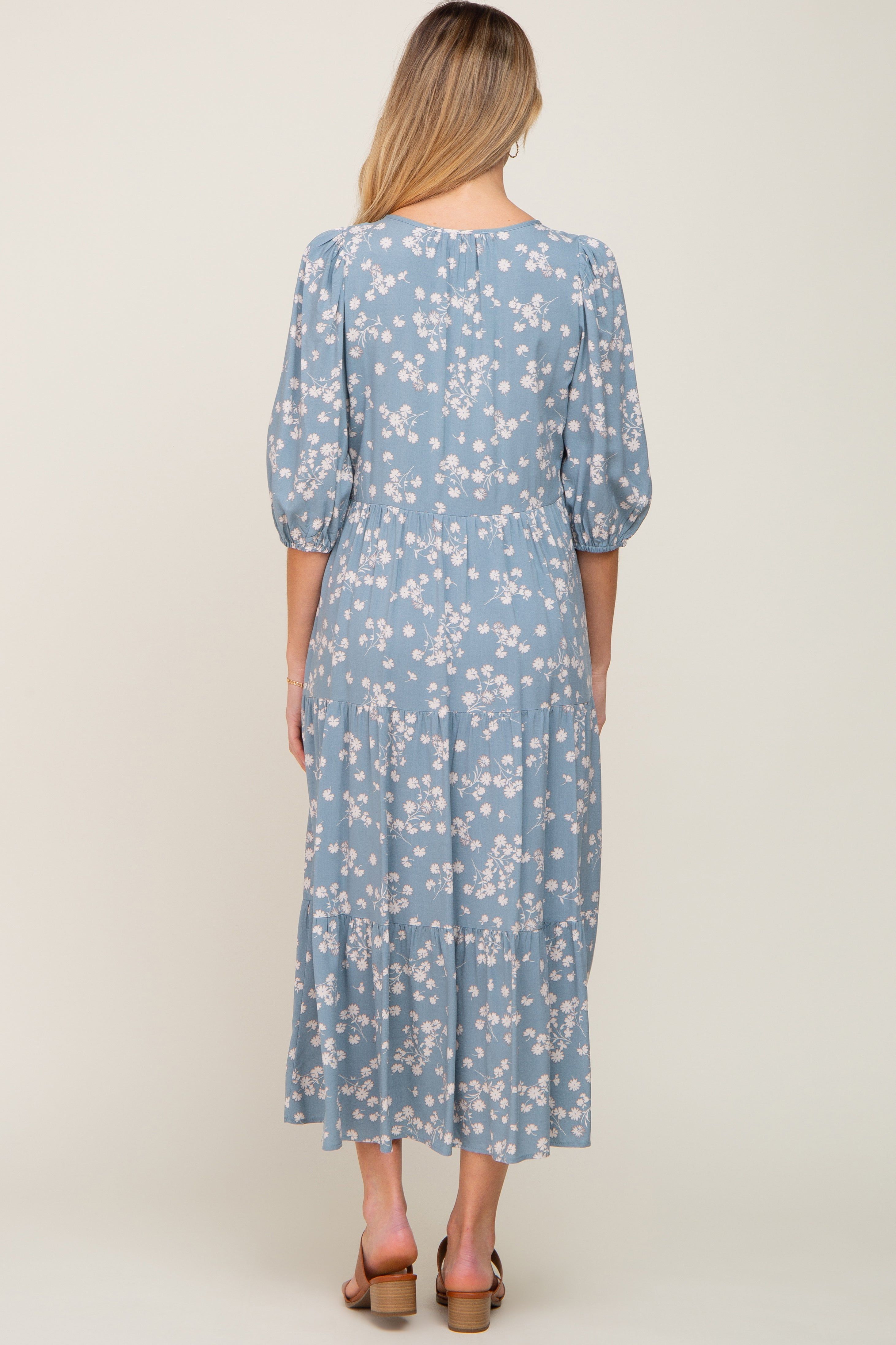 Light Blue Floral Button Front Tiered Maternity Midi Dress sold by Pinkblush product image thumbnail 3