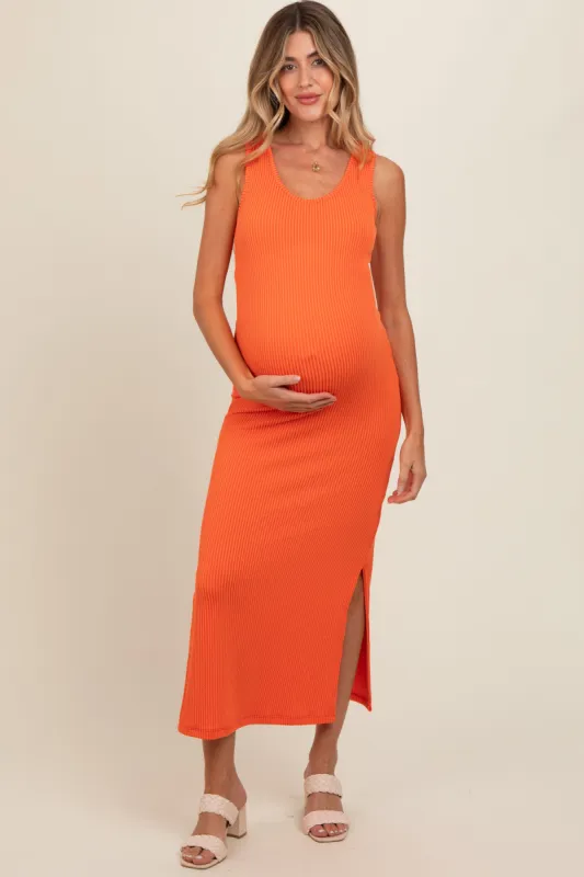 Orange Ribbed Side Slit Maternity Maxi Dress sold by Pinkblush