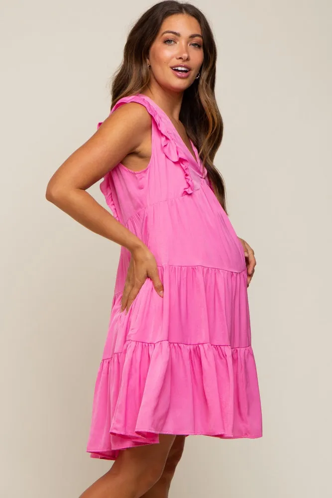 Fuchsia Satin Ruffle V-Neck Tiered Maternity Dress sold by Pinkblush product image thumbnail 3
