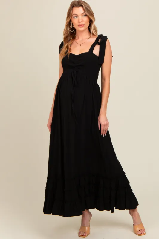 Black Sweetheart Neck Smocked Shoulder Tie Maternity Maxi Dress sold by Pinkblush