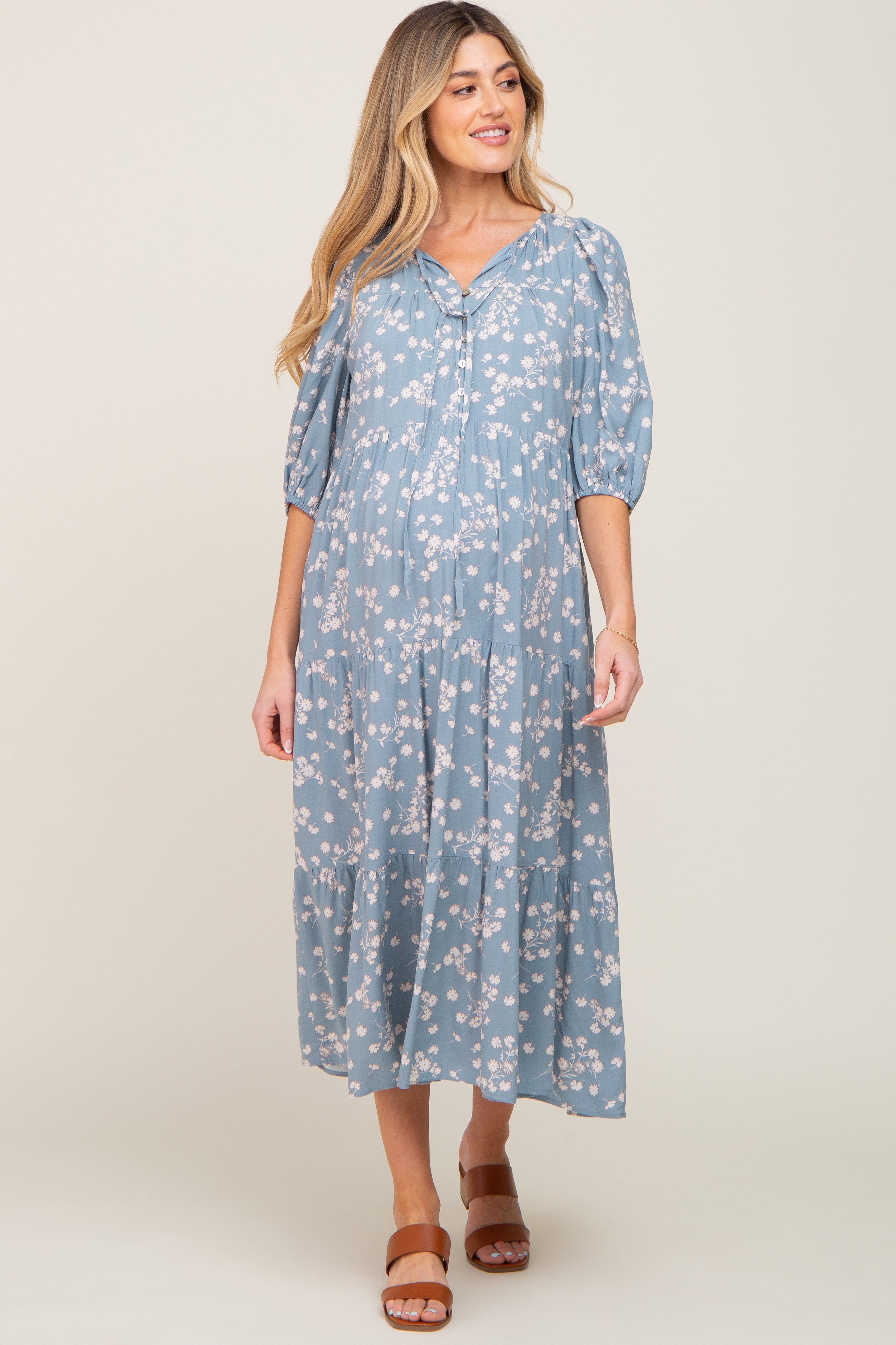 Light Blue Floral Button Front Tiered Maternity Midi Dress sold by Pinkblush product image thumbnail 4