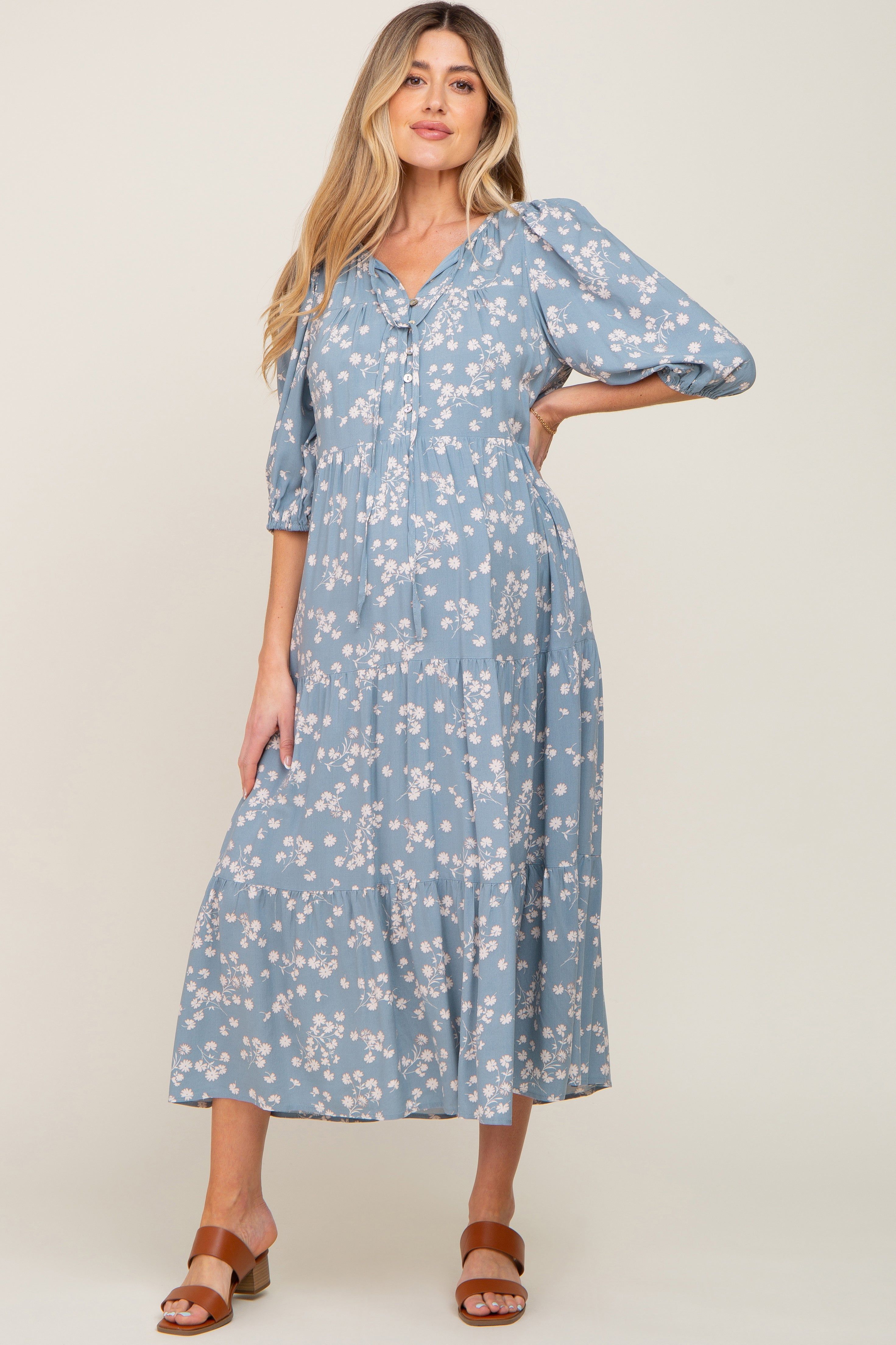 Light Blue Floral Button Front Tiered Maternity Midi Dress sold by Pinkblush