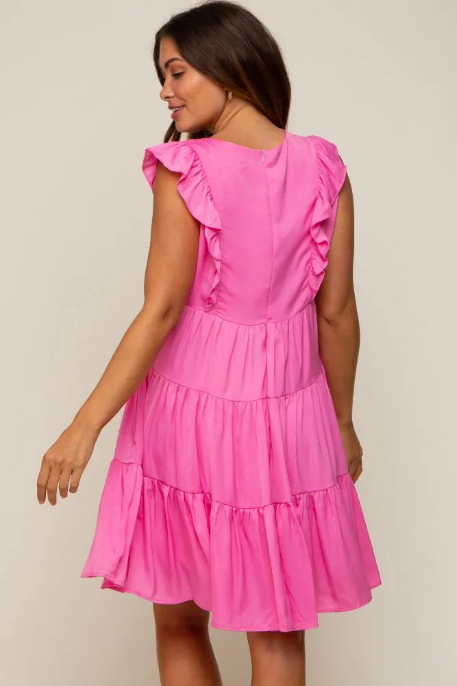 Fuchsia Satin Ruffle V-Neck Tiered Maternity Dress sold by Pinkblush product image thumbnail 4