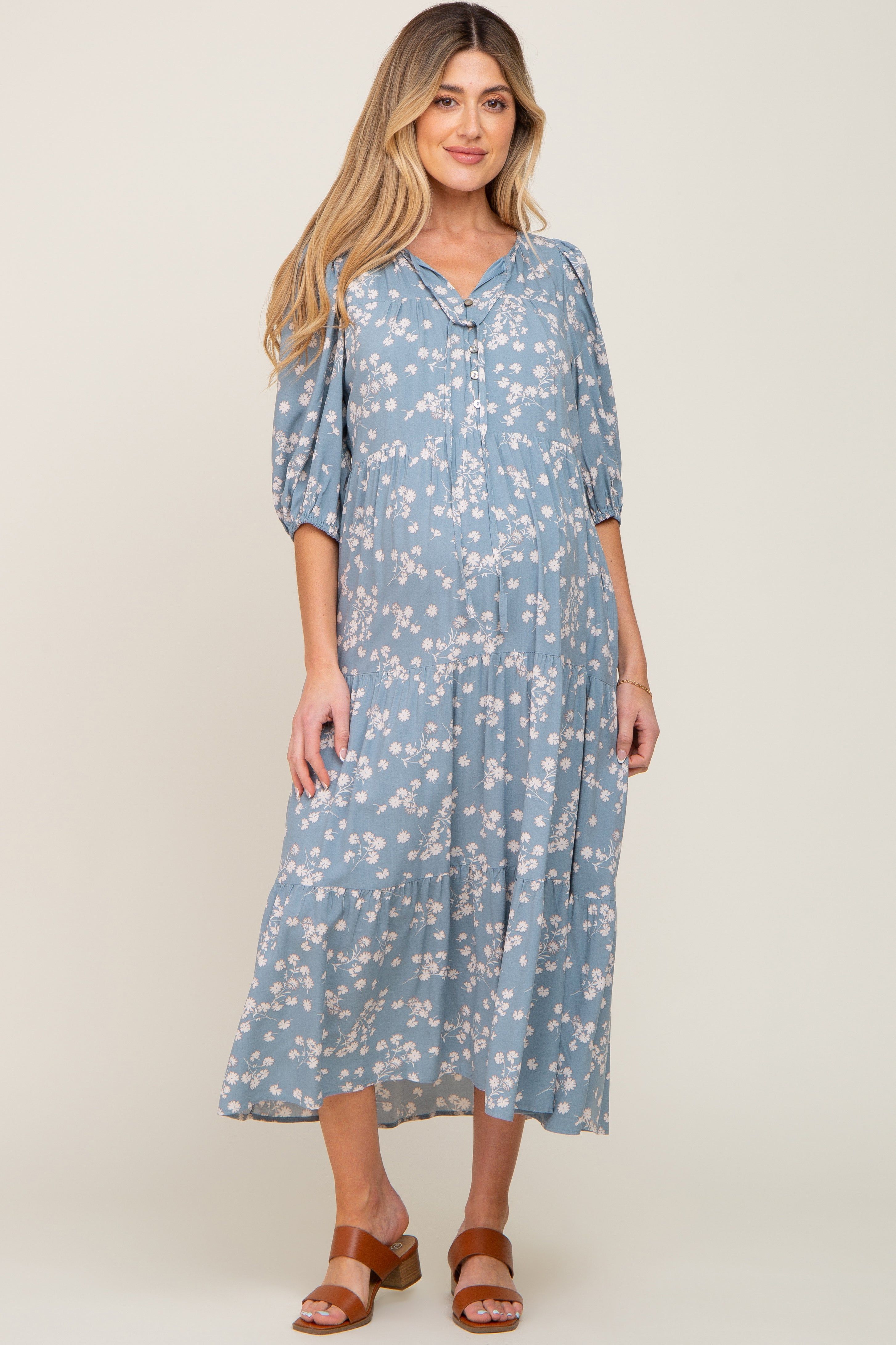 Light Blue Floral Button Front Tiered Maternity Midi Dress sold by Pinkblush product image thumbnail 5