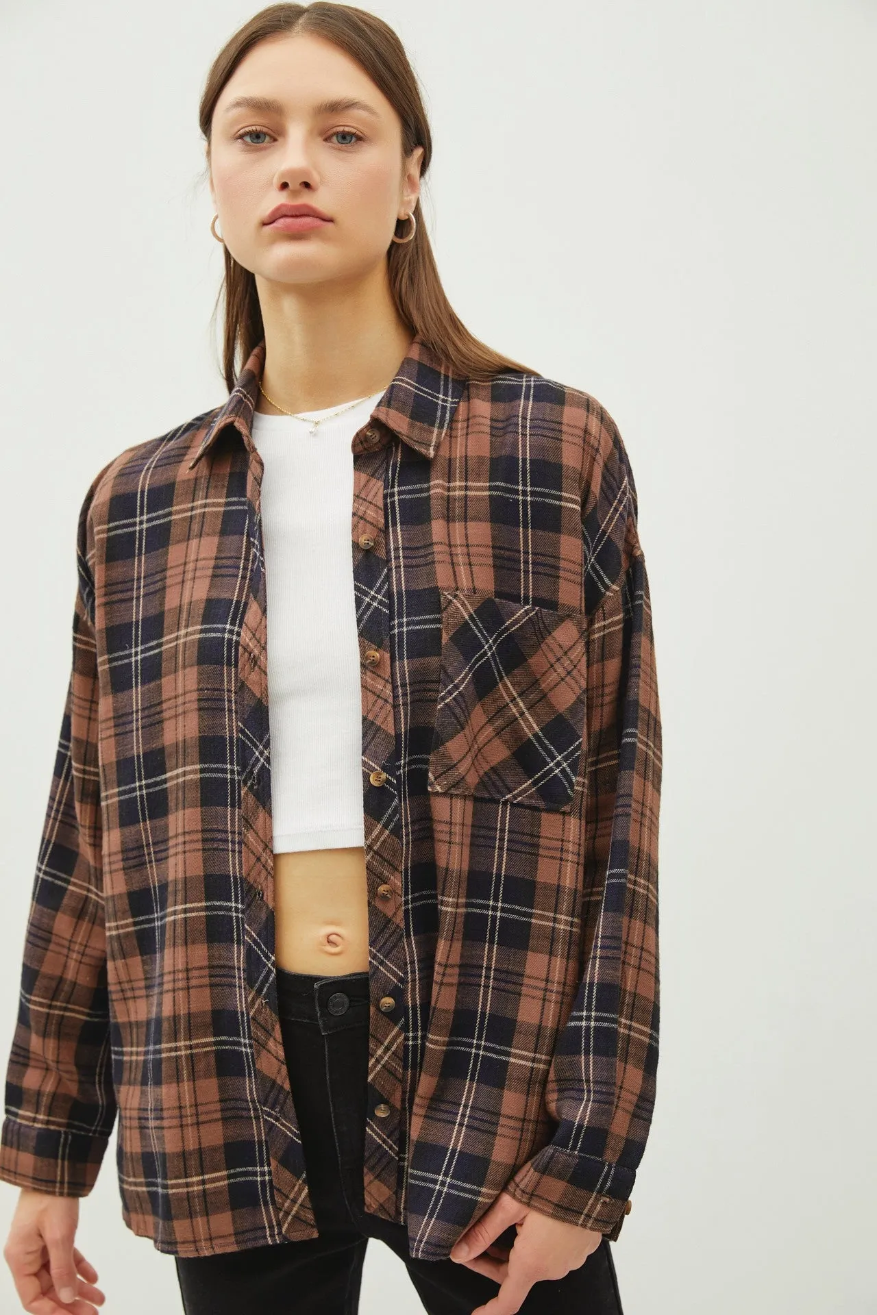 Brown Plaid Flannel Long Sleeve Button Down sold by Pinkblush product image thumbnail 2
