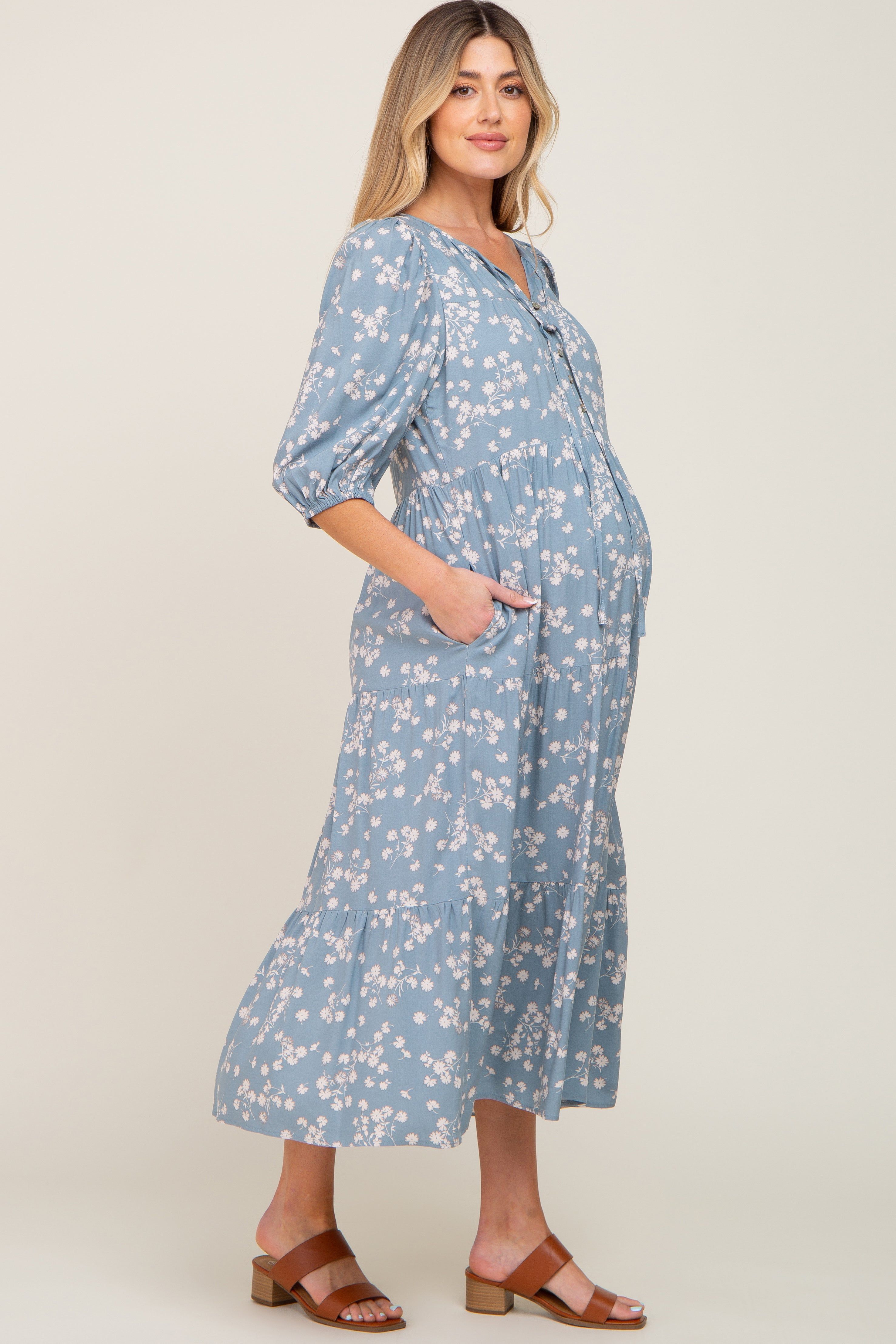 Light Blue Floral Button Front Tiered Maternity Midi Dress sold by Pinkblush product image thumbnail 2