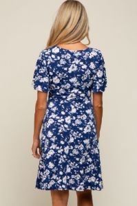 Navy Blue Floral Short Sleeve Maternity Dress sold by Pinkblush