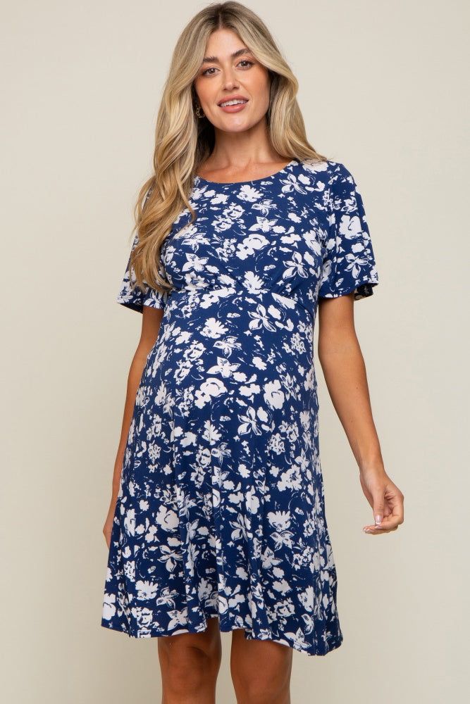 Navy Blue Floral Short Sleeve Maternity Dress sold by Pinkblush