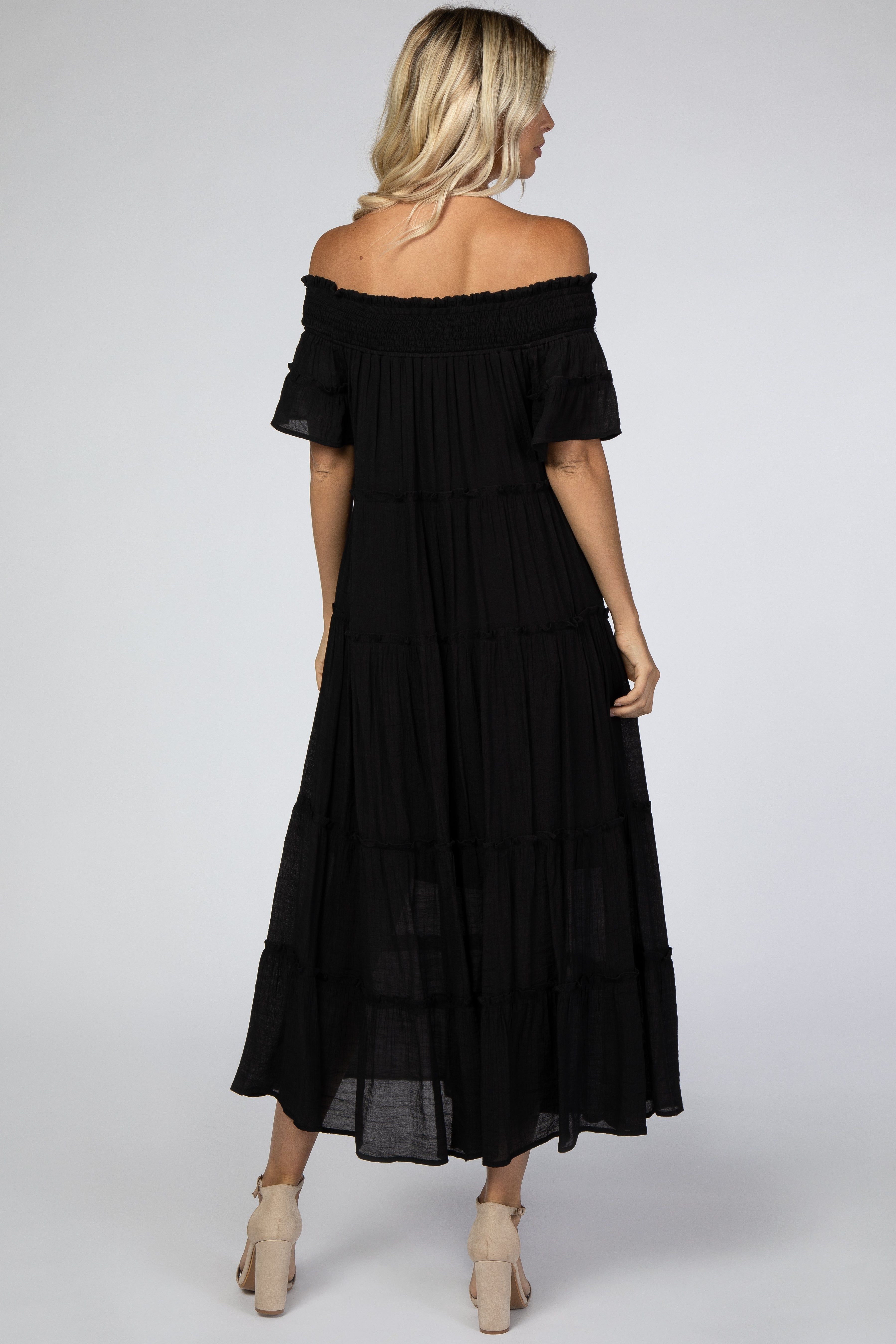 Black Off Shoulder Tiered Maxi Dress sold by Pinkblush product image thumbnail 3