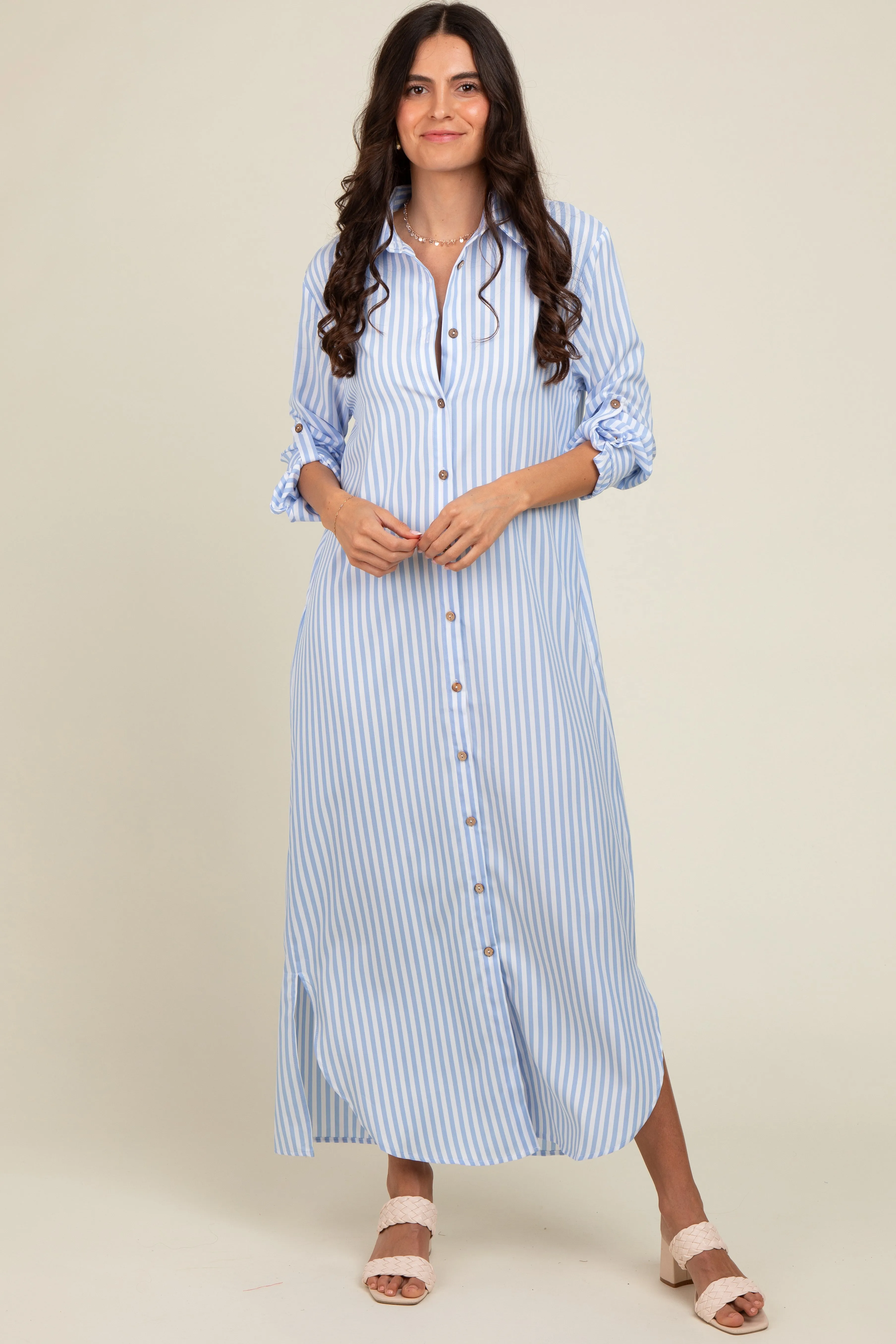 Light Blue Striped Button Down Maxi Dress sold by Pinkblush