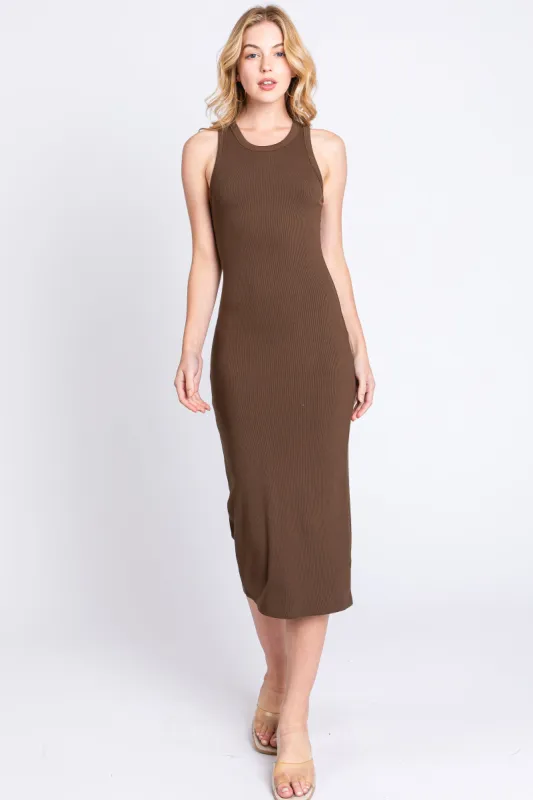 Brown Sleeveless Ribbed Fitted Midi Dress sold by Pinkblush