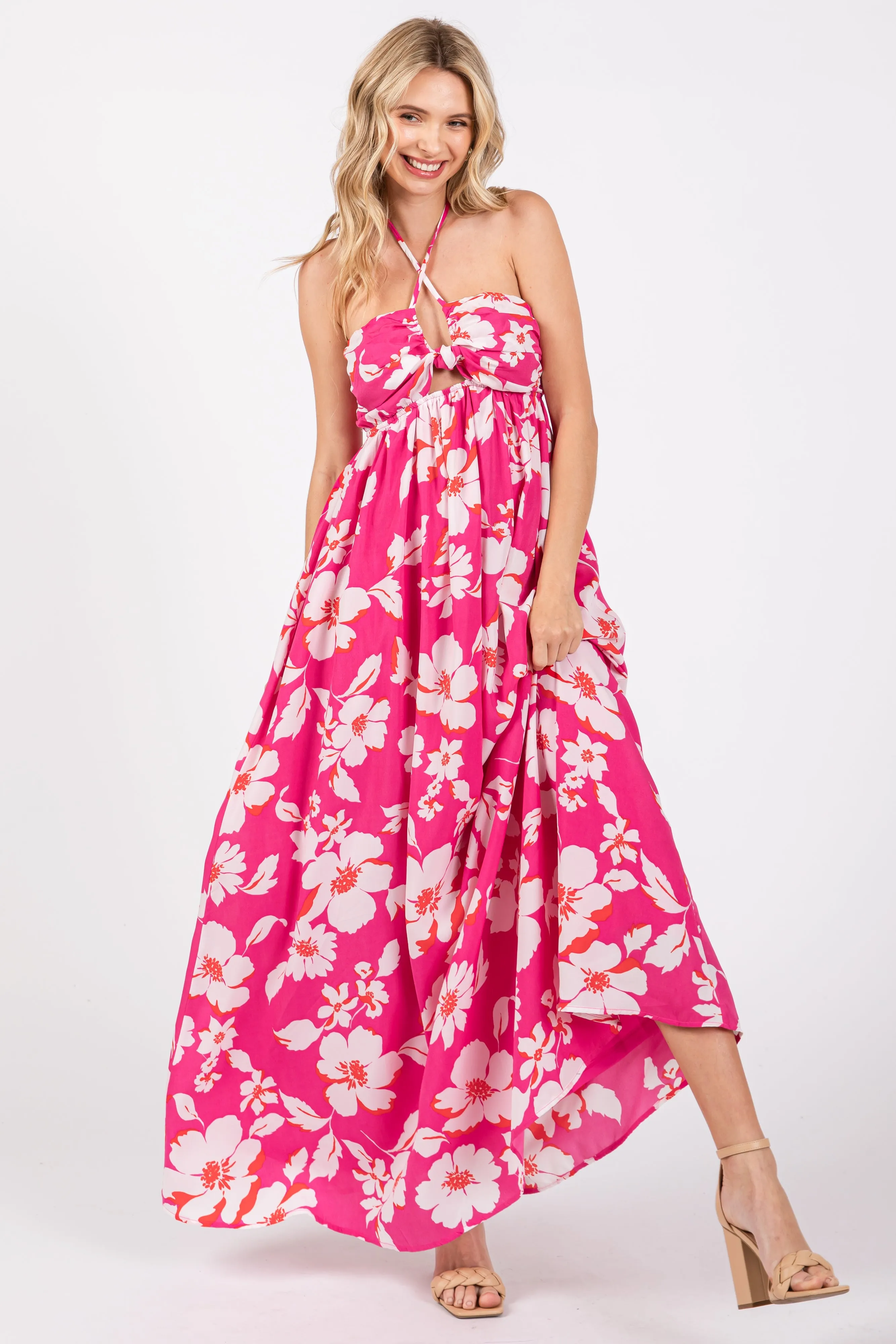 Fuchsia Floral Halter Neck Maxi Dress sold by Pinkblush product image thumbnail 4