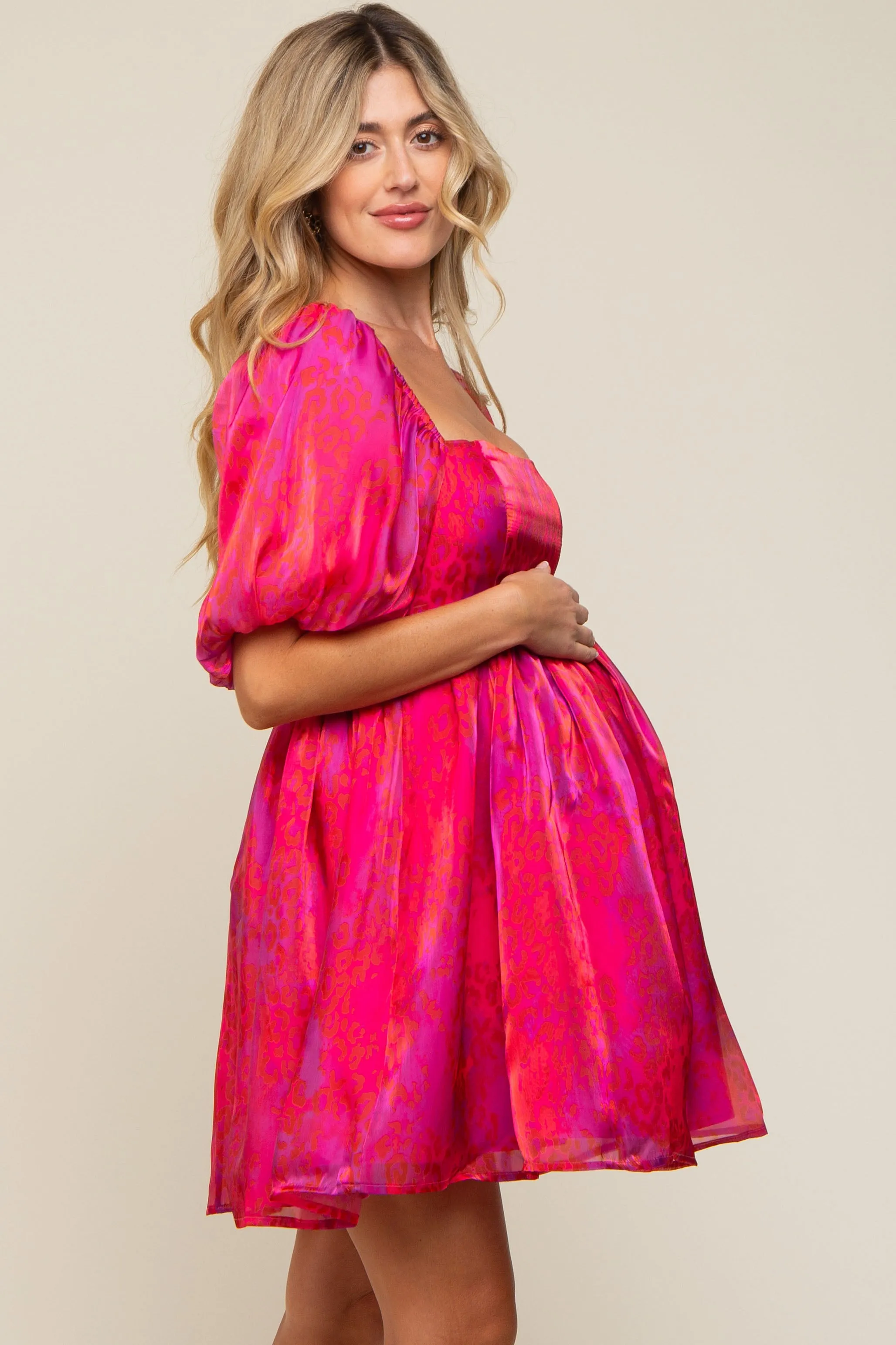 Magenta Leopard Print Puff Sleeve Maternity Dress sold by Pinkblush product image thumbnail 2