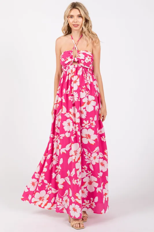 Fuchsia Floral Halter Neck Maxi Dress sold by Pinkblush
