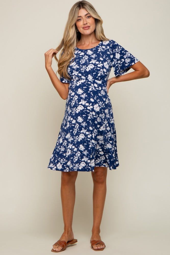 Navy Blue Floral Short Sleeve Maternity Dress sold by Pinkblush product image thumbnail 2
