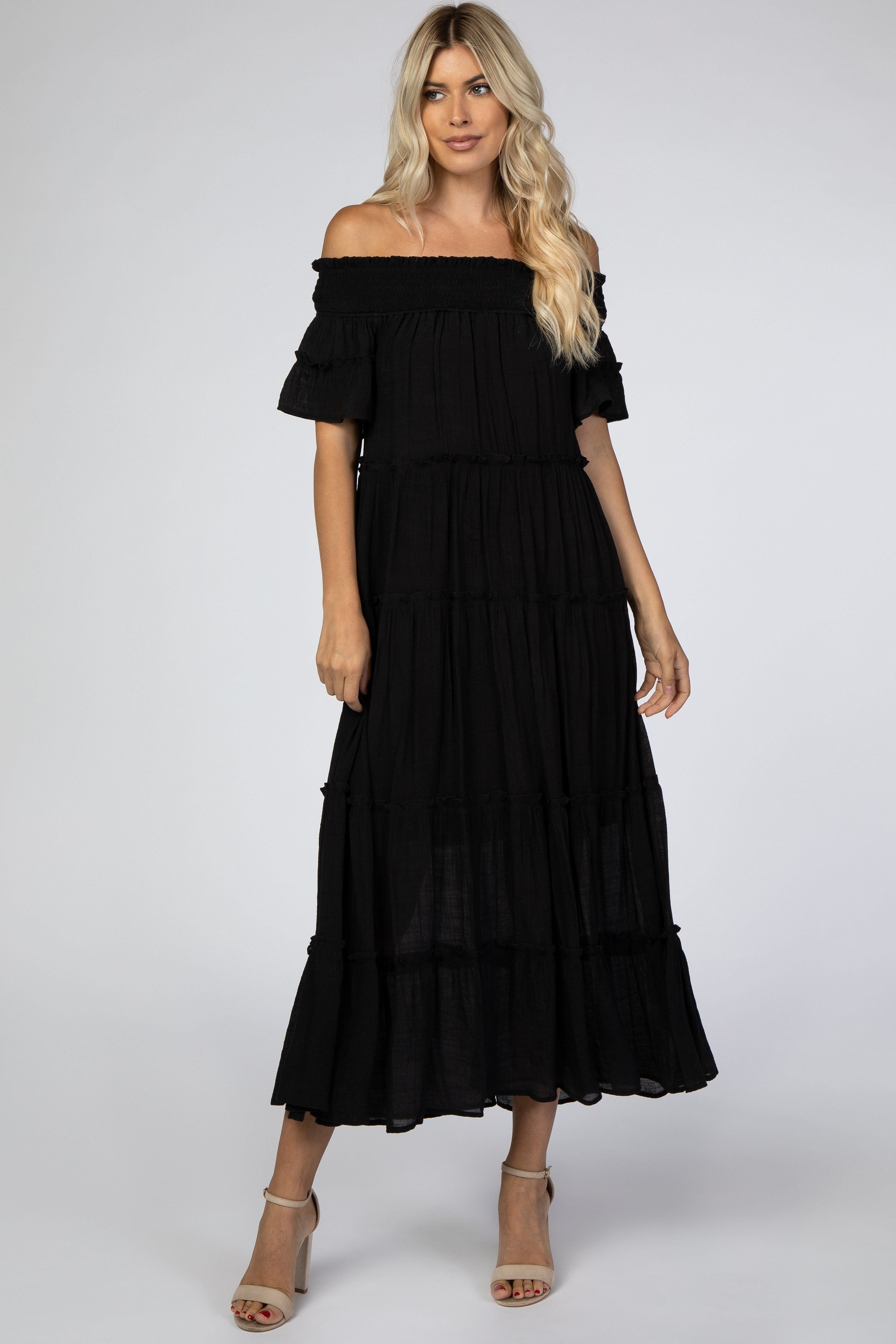 Black Off Shoulder Tiered Maxi Dress sold by Pinkblush