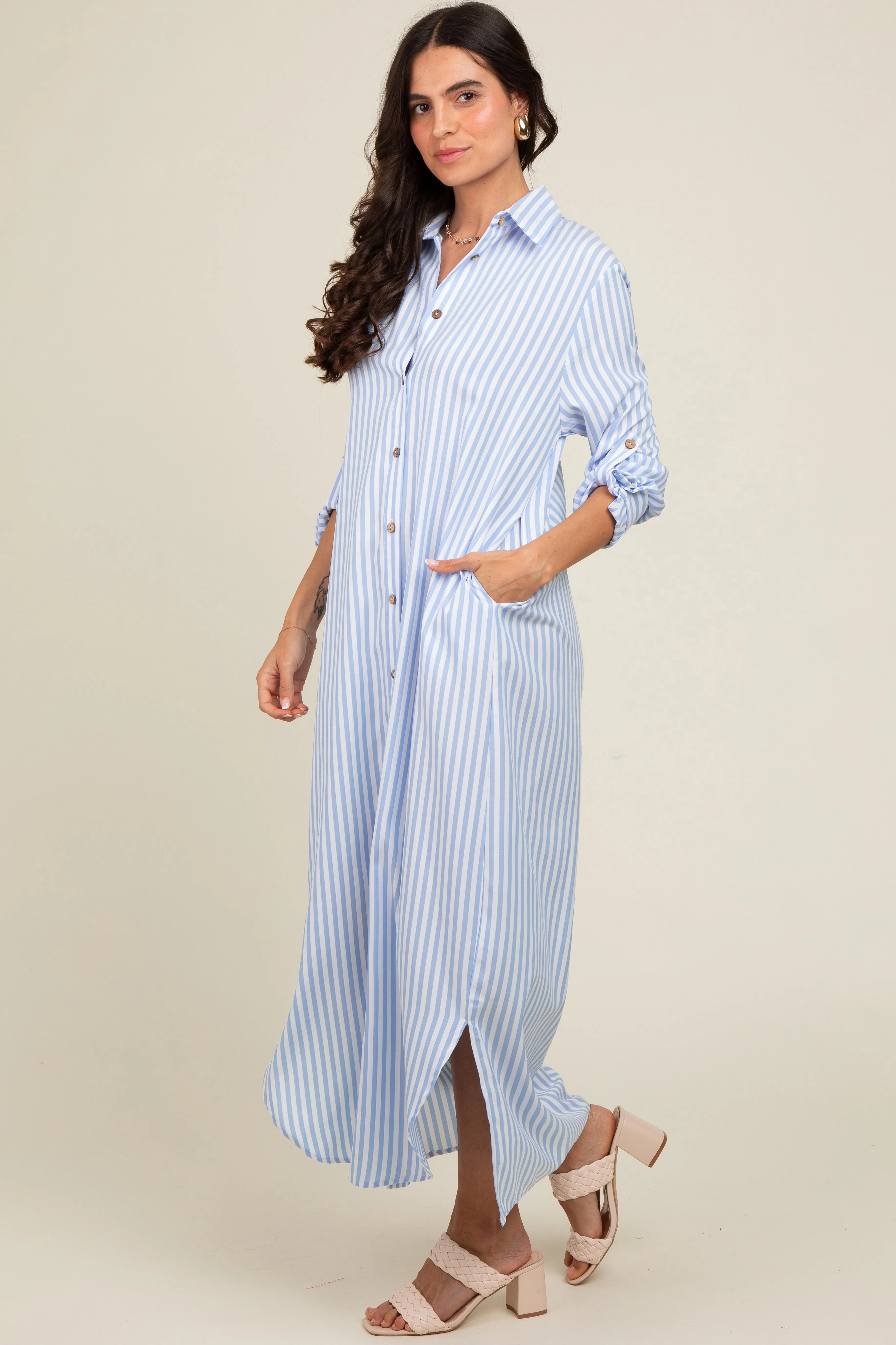 Light Blue Striped Button Down Maxi Dress sold by Pinkblush product image thumbnail 2