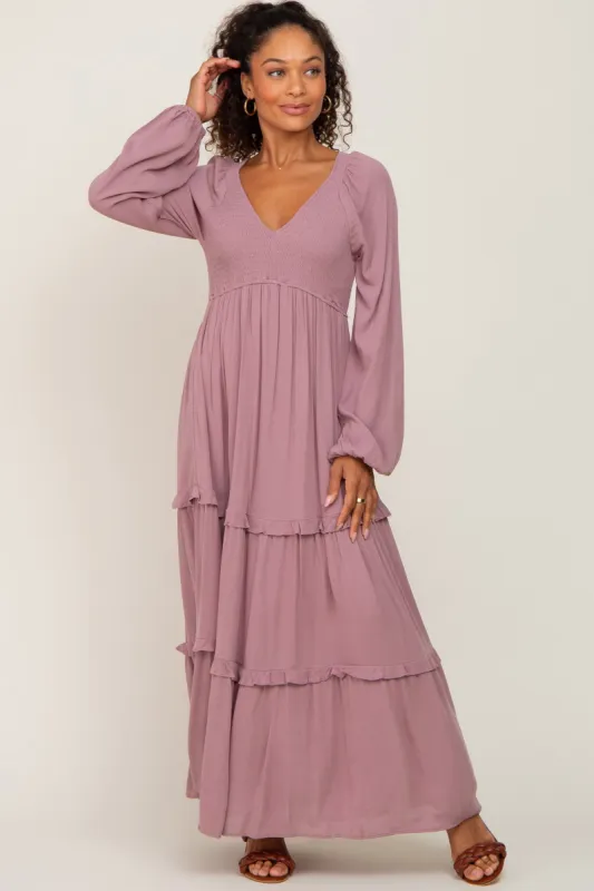 Mauve Smocked Tiered Midi Dress sold by Pinkblush