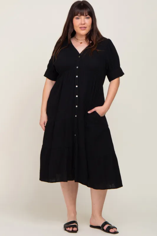 Black Button Down Short Sleeve Plus Dress sold by Pinkblush