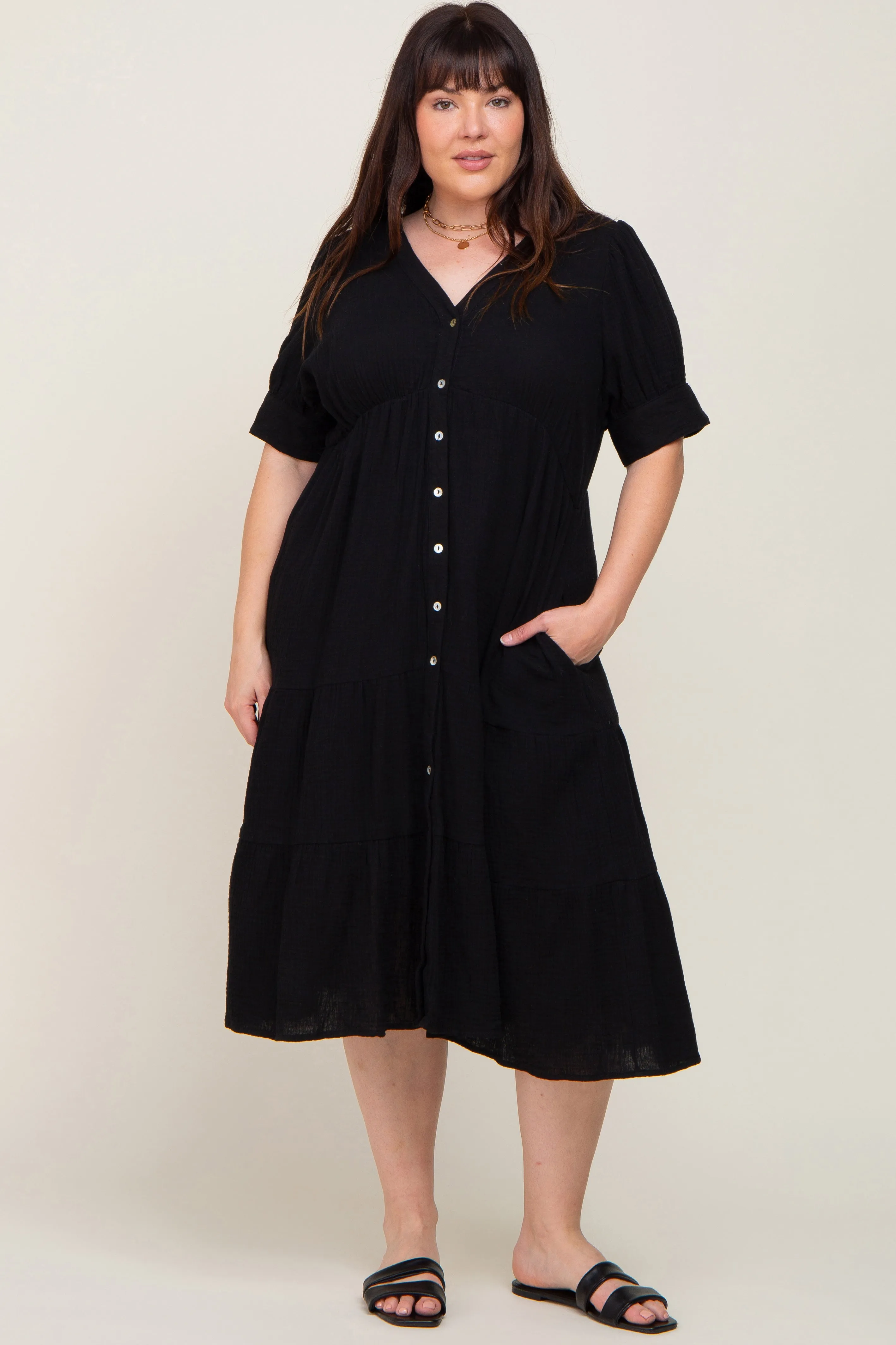 Black Button Down Short Sleeve Plus Dress sold by Pinkblush