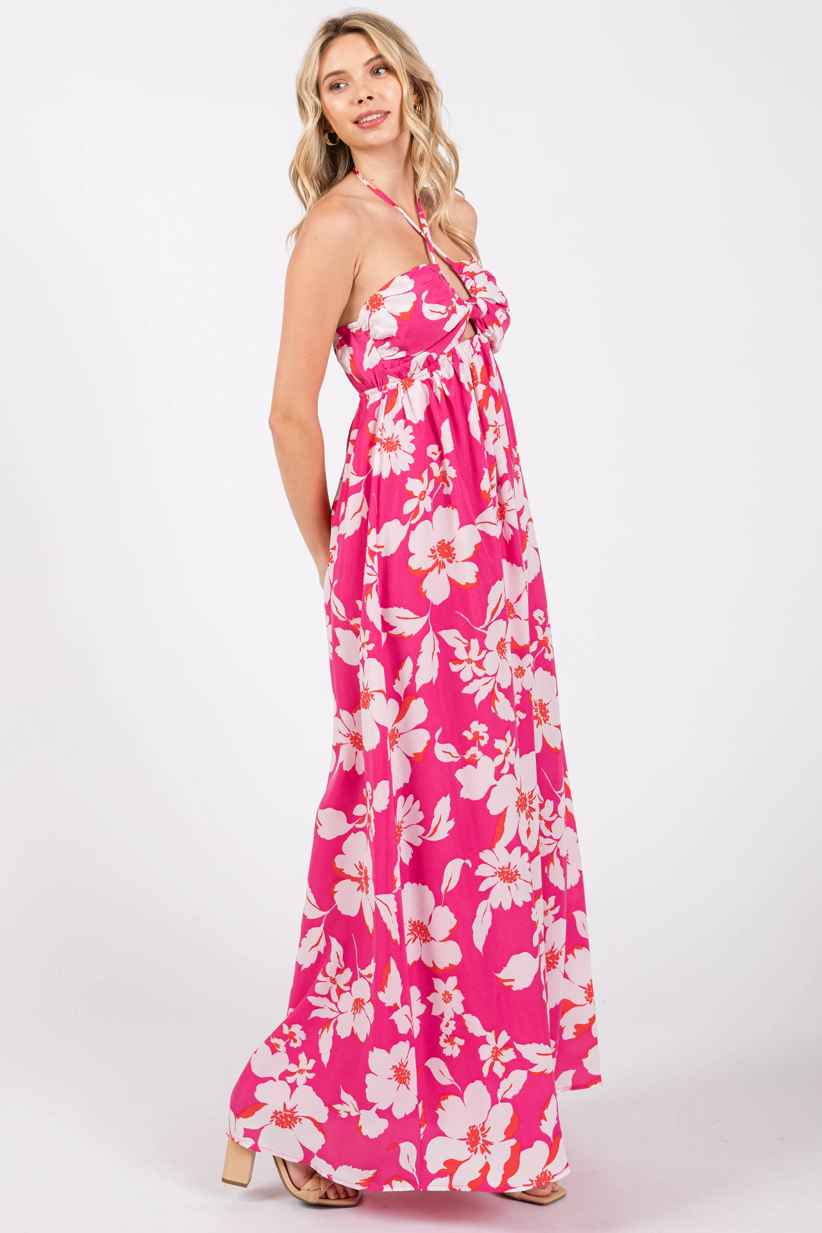 Fuchsia Floral Halter Neck Maxi Dress sold by Pinkblush product image thumbnail 2