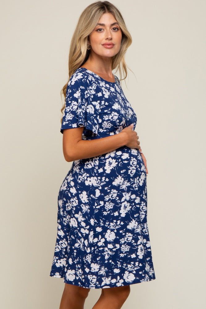 Navy Blue Floral Short Sleeve Maternity Dress sold by Pinkblush product image thumbnail 3