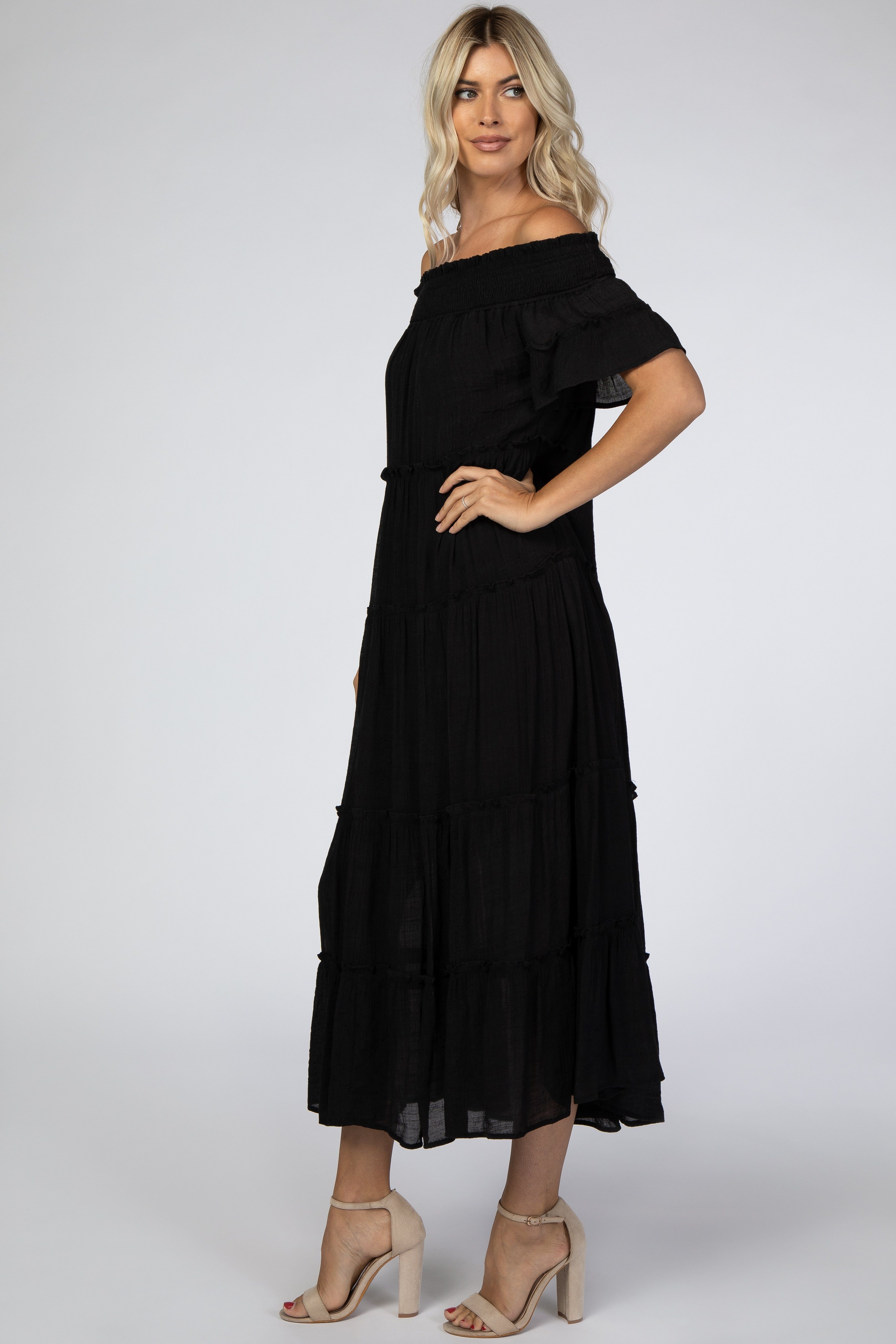 Black Off Shoulder Tiered Maxi Dress sold by Pinkblush product image thumbnail 2