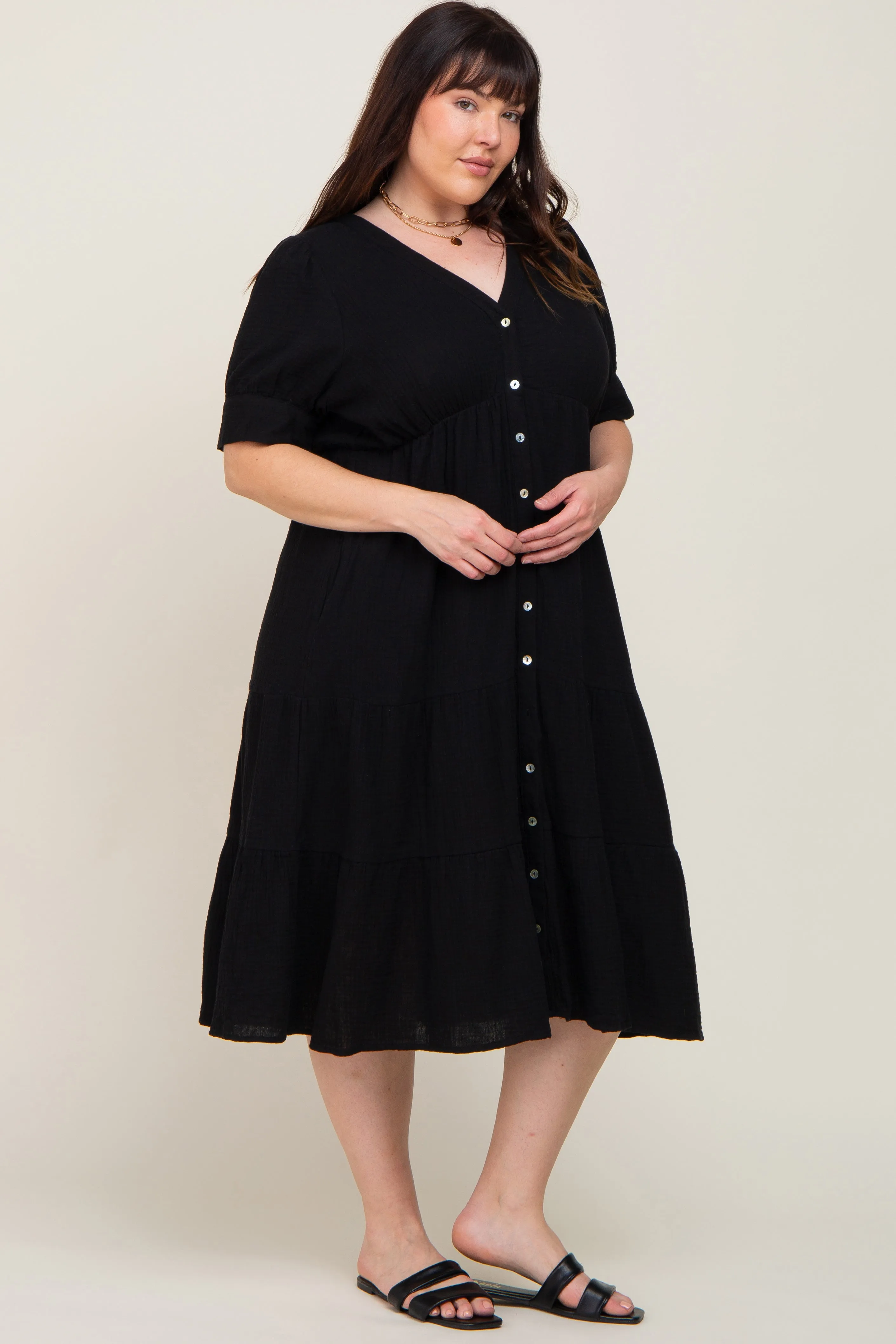 Black Button Down Short Sleeve Plus Dress sold by Pinkblush product image thumbnail 2