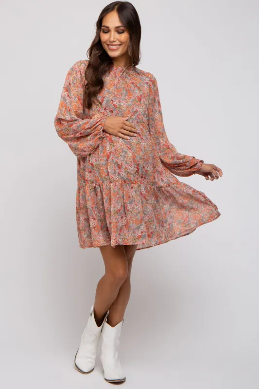 Grey Floral Chiffon Ruffle Mock Neck Tiered Maternity Dress sold by Pinkblush