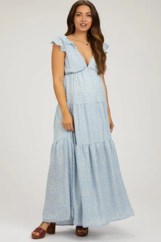 Light Blue Floral Deep V-Neck Tiered Maternity Maxi Dress sold by Pinkblush