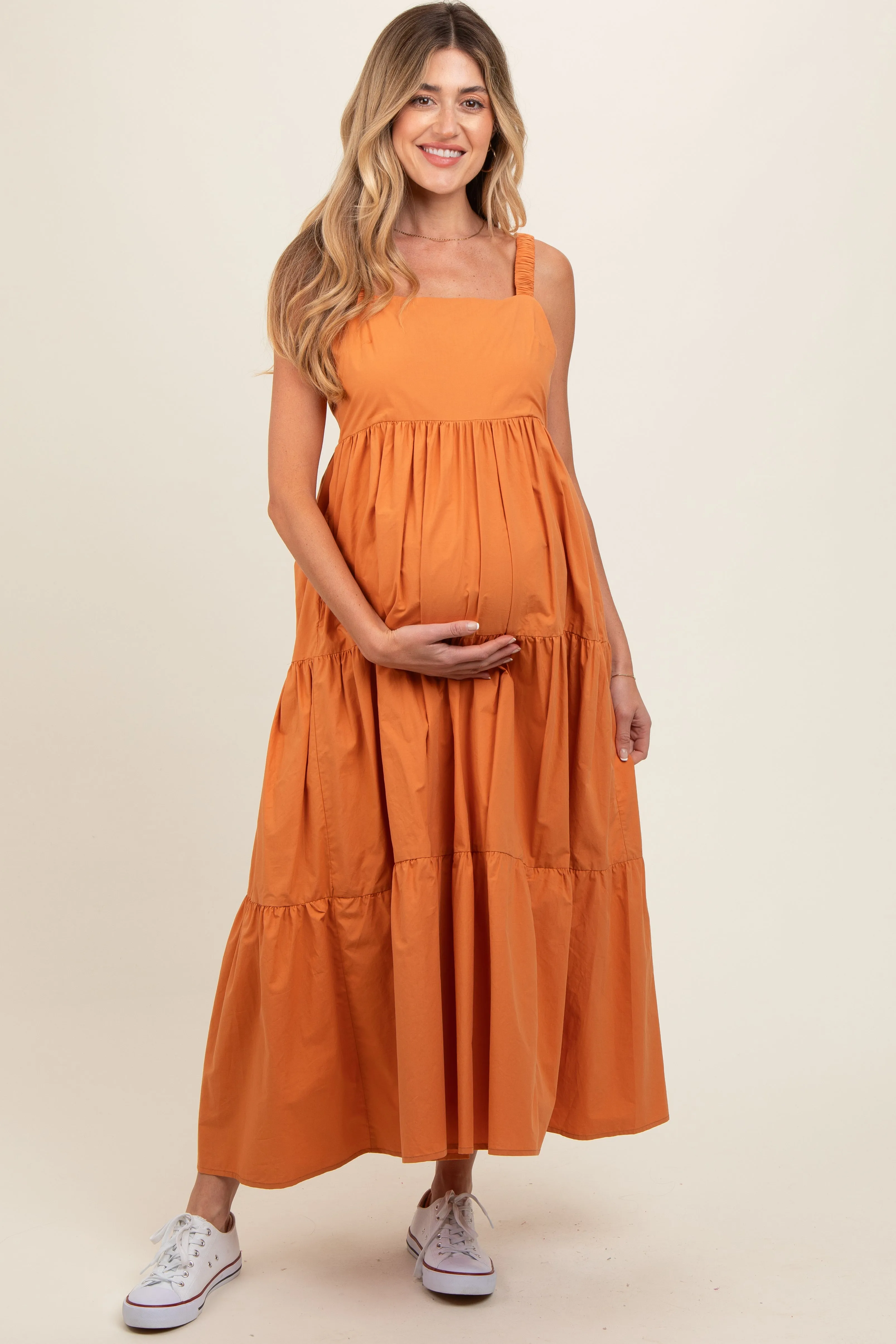 Orange Square Neck Cut Out Back Tiered Maternity Maxi Dress sold by Pinkblush