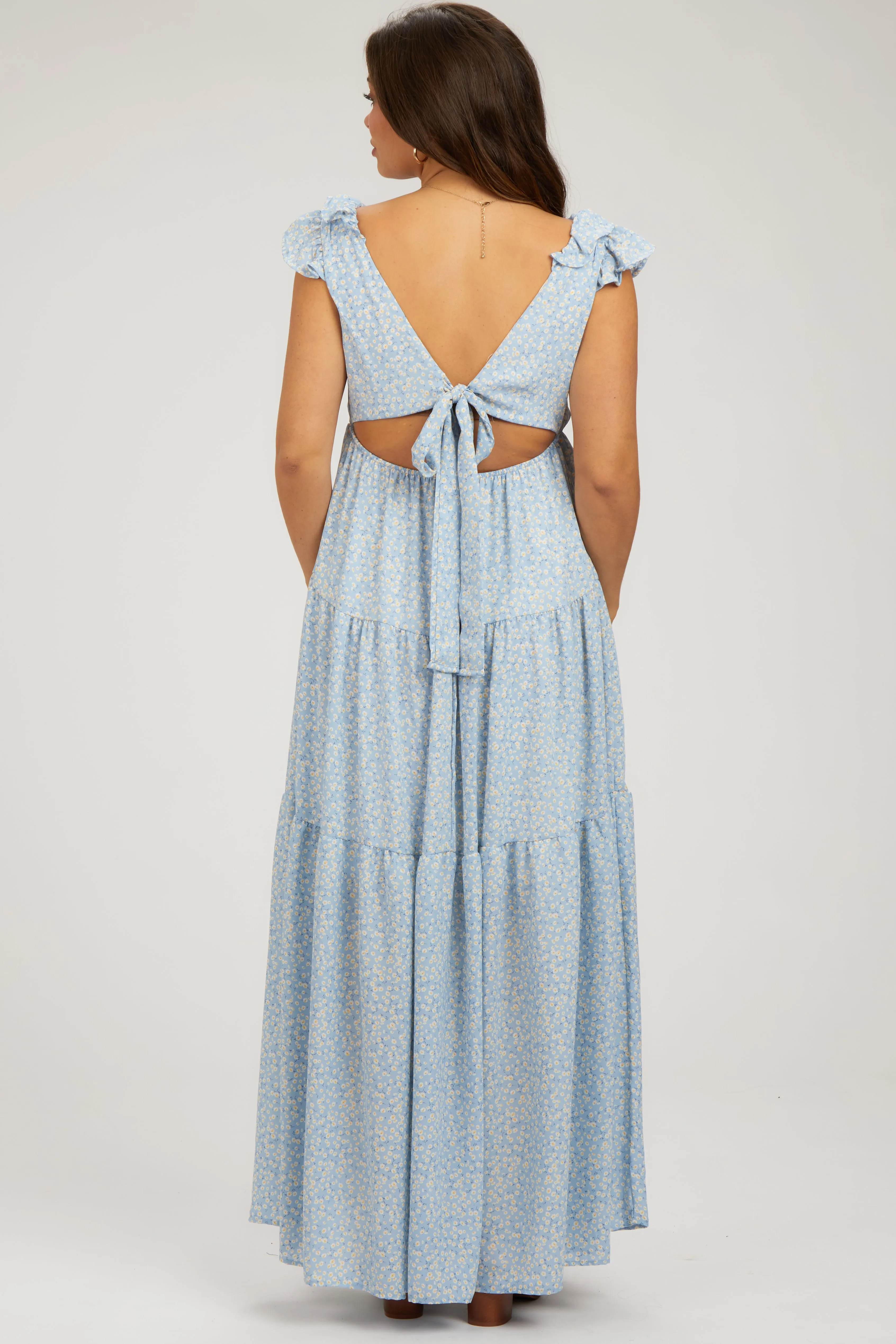 Light Blue Floral Deep V-Neck Tiered Maternity Maxi Dress sold by Pinkblush product image thumbnail 2