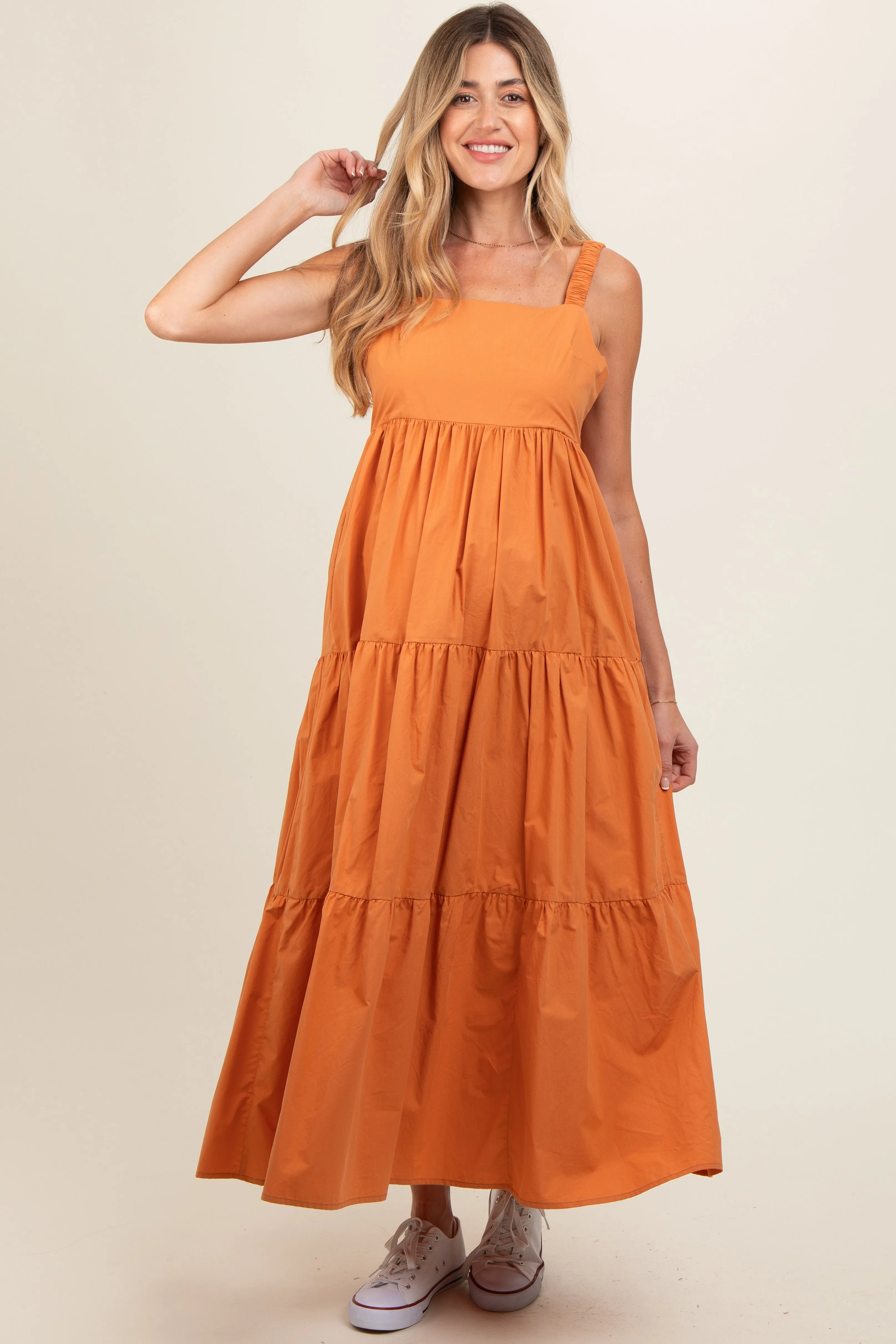 Orange Square Neck Cut Out Back Tiered Maternity Maxi Dress sold by Pinkblush product image thumbnail 2
