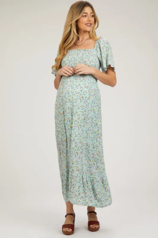 Mint Floral Smocked Maternity Maxi Dress sold by Pinkblush