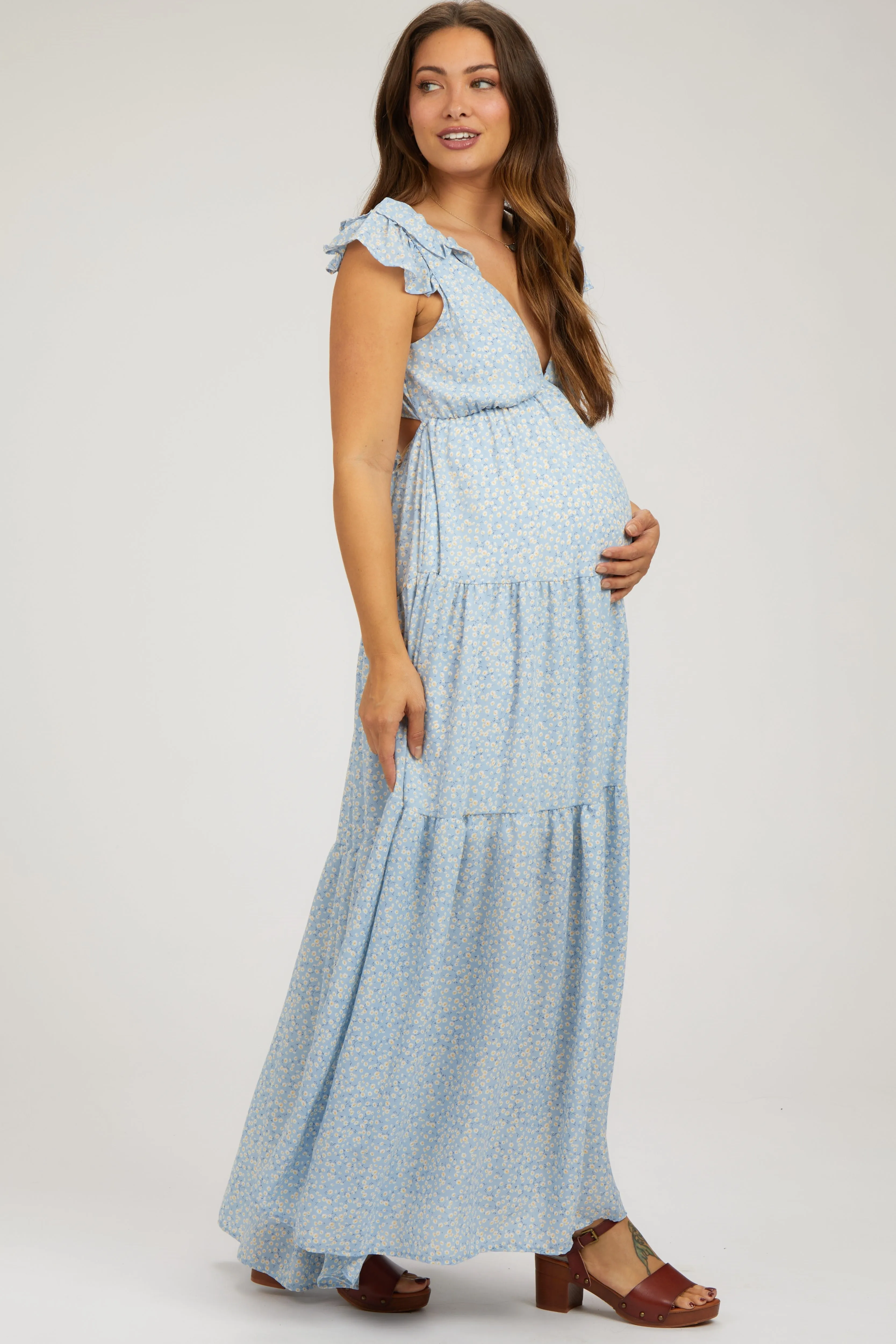 Light Blue Floral Deep V-Neck Tiered Maternity Maxi Dress sold by Pinkblush product image thumbnail 3