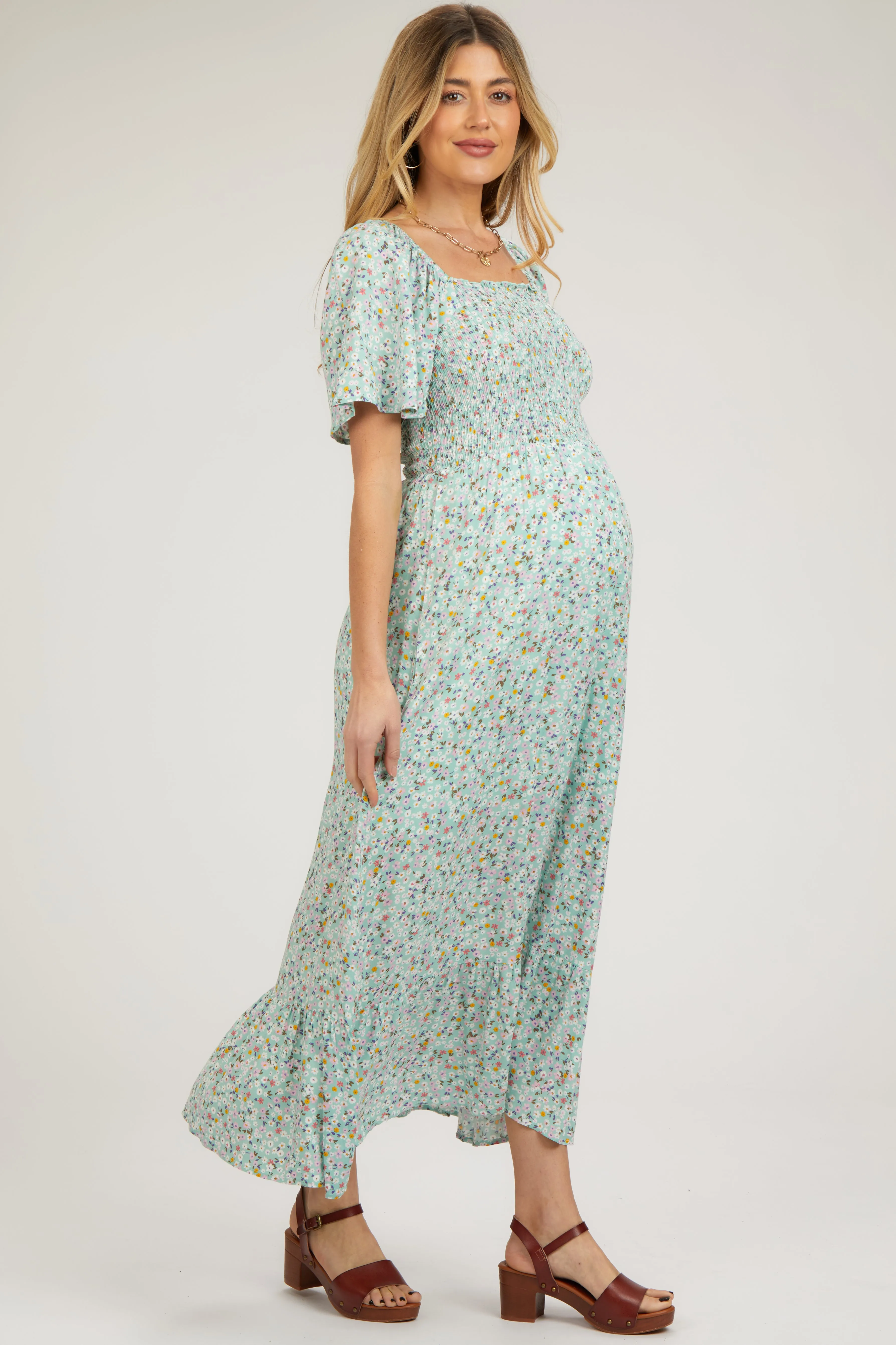 Mint Floral Smocked Maternity Maxi Dress sold by Pinkblush product image thumbnail 2