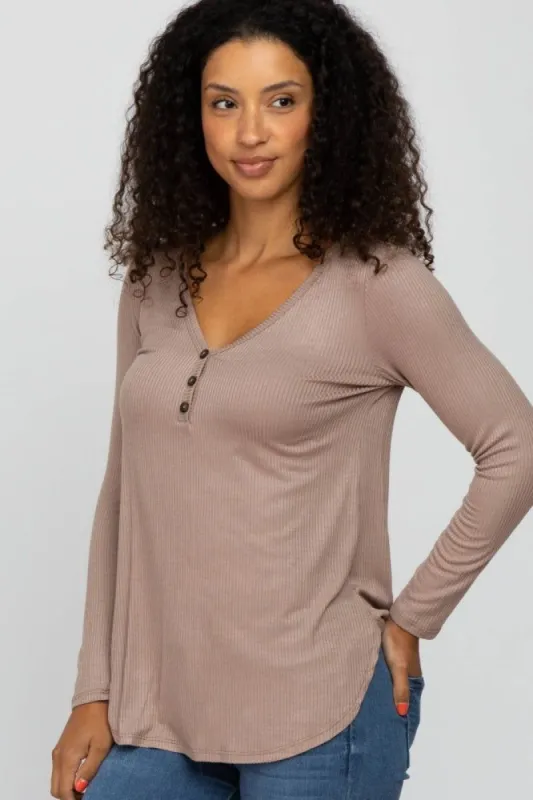 Mocha Button Accent Long Sleeve Top sold by Pinkblush