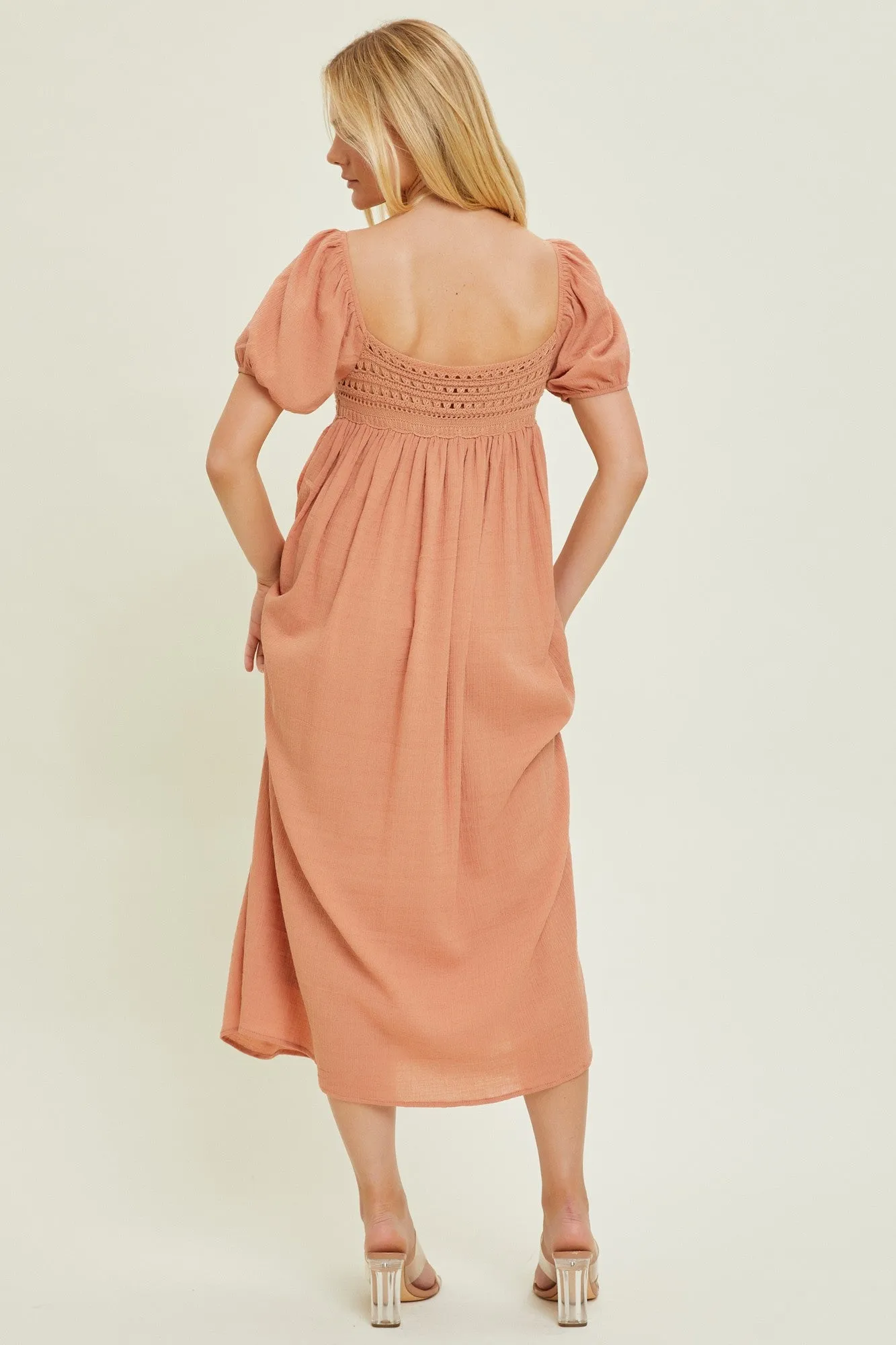 Salmon Crochet Front Short Puff Sleeve Midi Dress sold by Pinkblush product image thumbnail 3