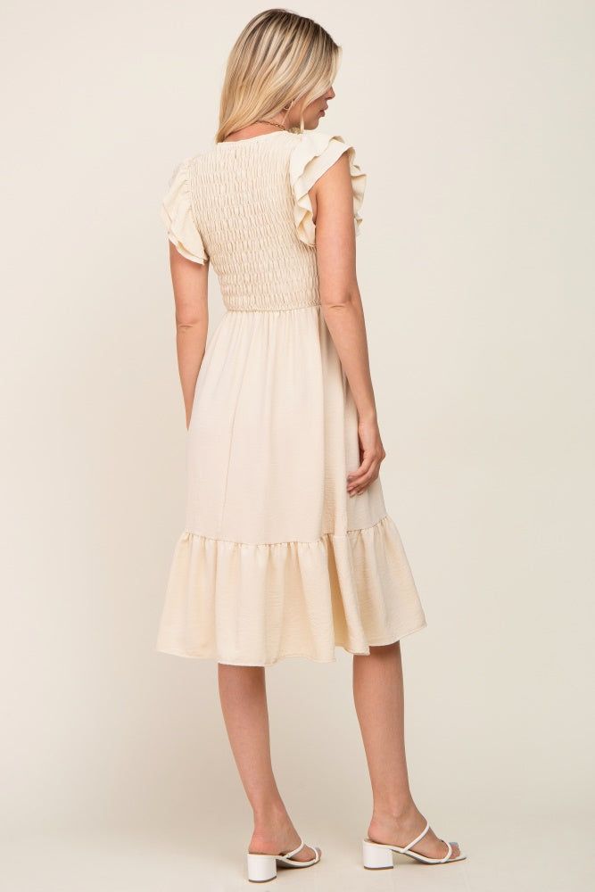 Beige Smocked Layered Ruffle Flutter Sleeve Midi Dress sold by Pinkblush product image thumbnail 3