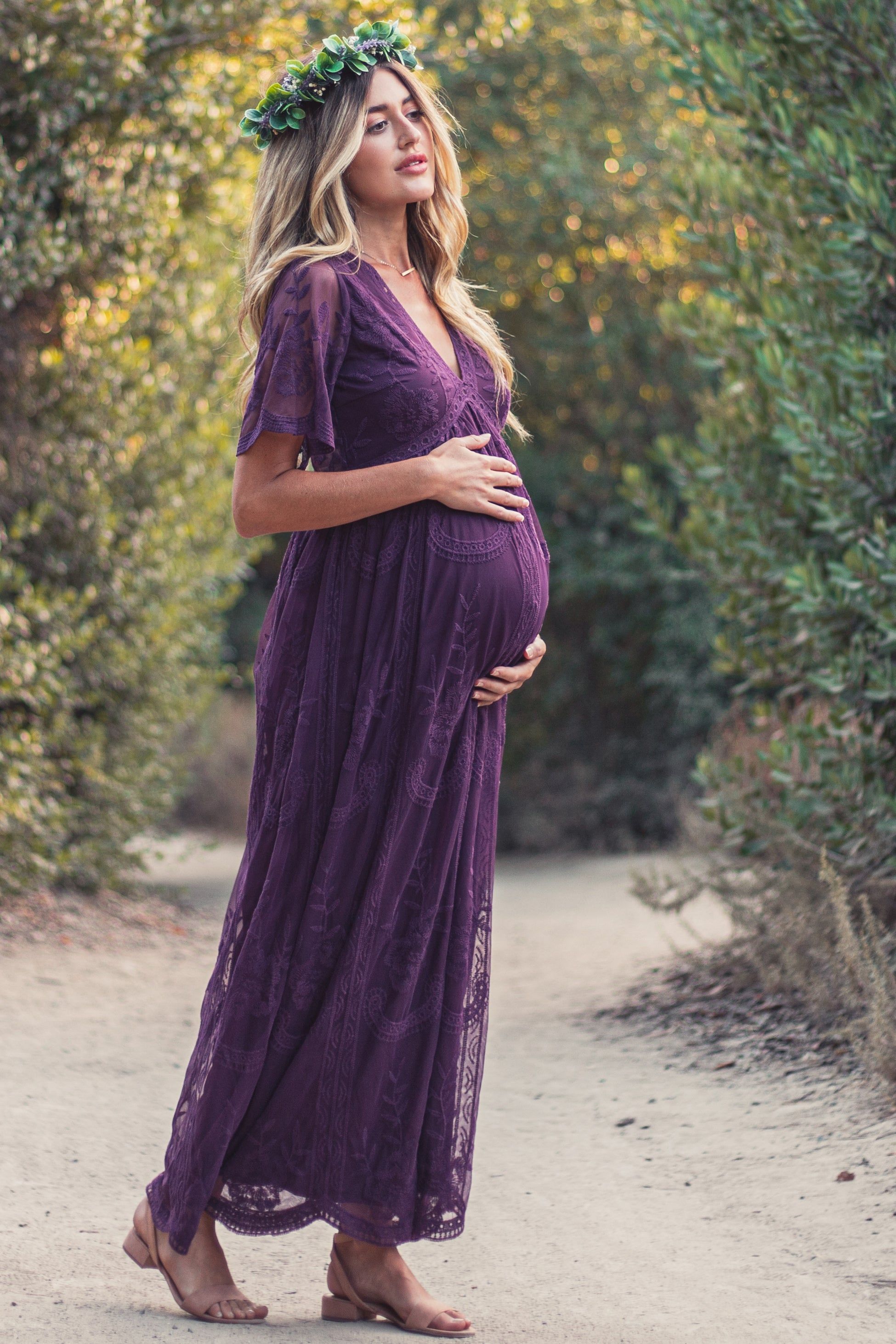 PinkBlush Plum Lace Mesh Overlay Maternity Maxi Dress sold by Pinkblush product image thumbnail 2