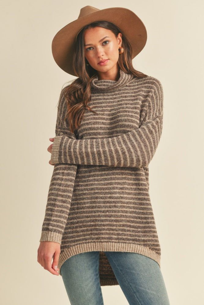 Dark Mocha Striped Turtleneck Sweater sold by Pinkblush