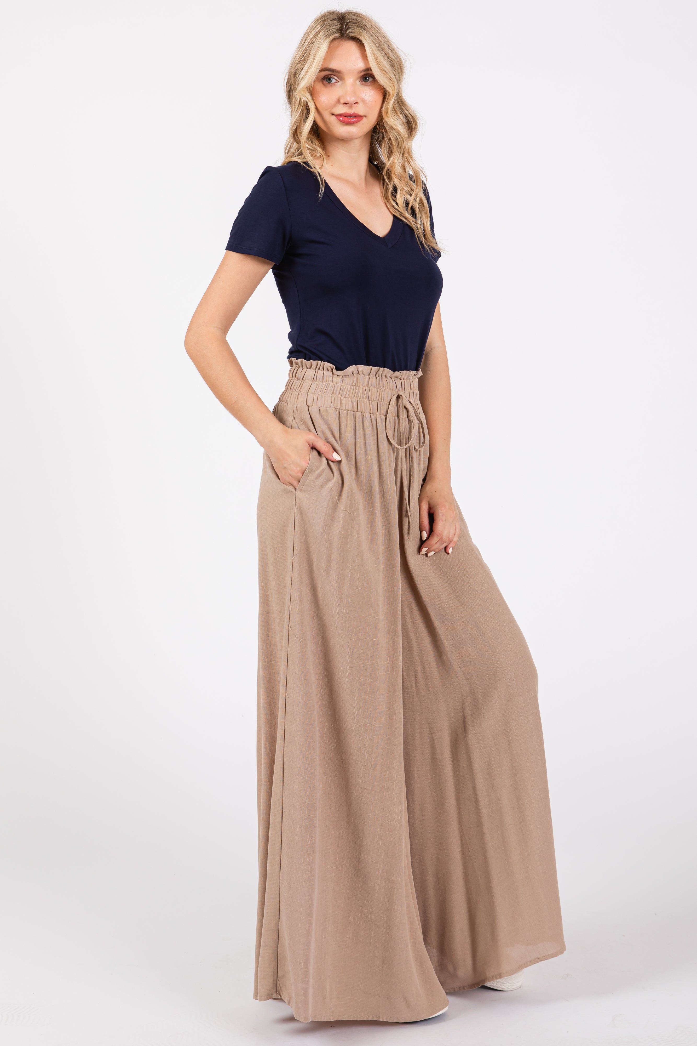 Taupe Wide Leg Smocked Lightweight Pants sold by Pinkblush product image thumbnail 3